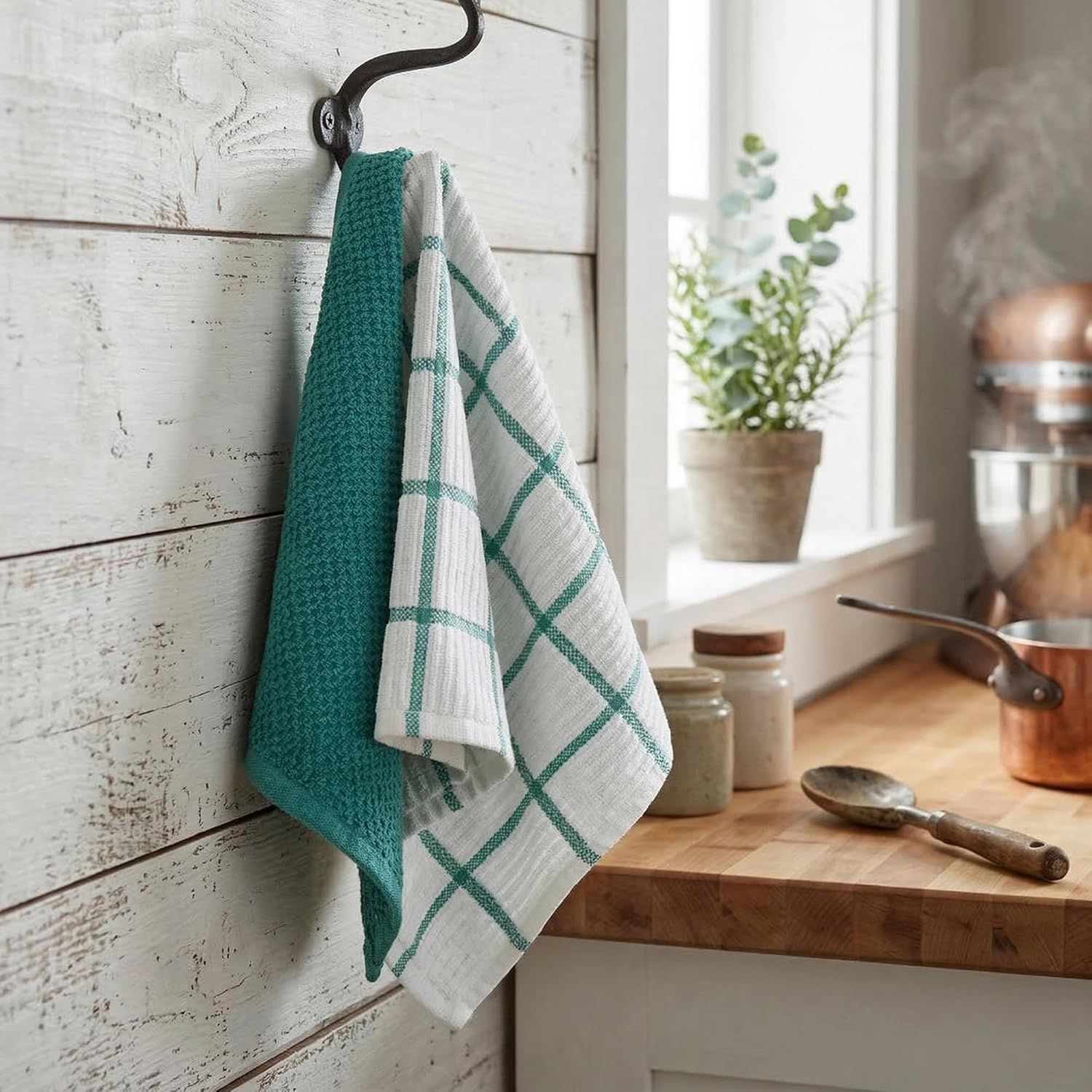 6 Pack Large Kitchen Towels, 16x27 inch Absorbent Dishcloths, 100% Cotton Cleaning Cloth, Teal Set Pack of 6