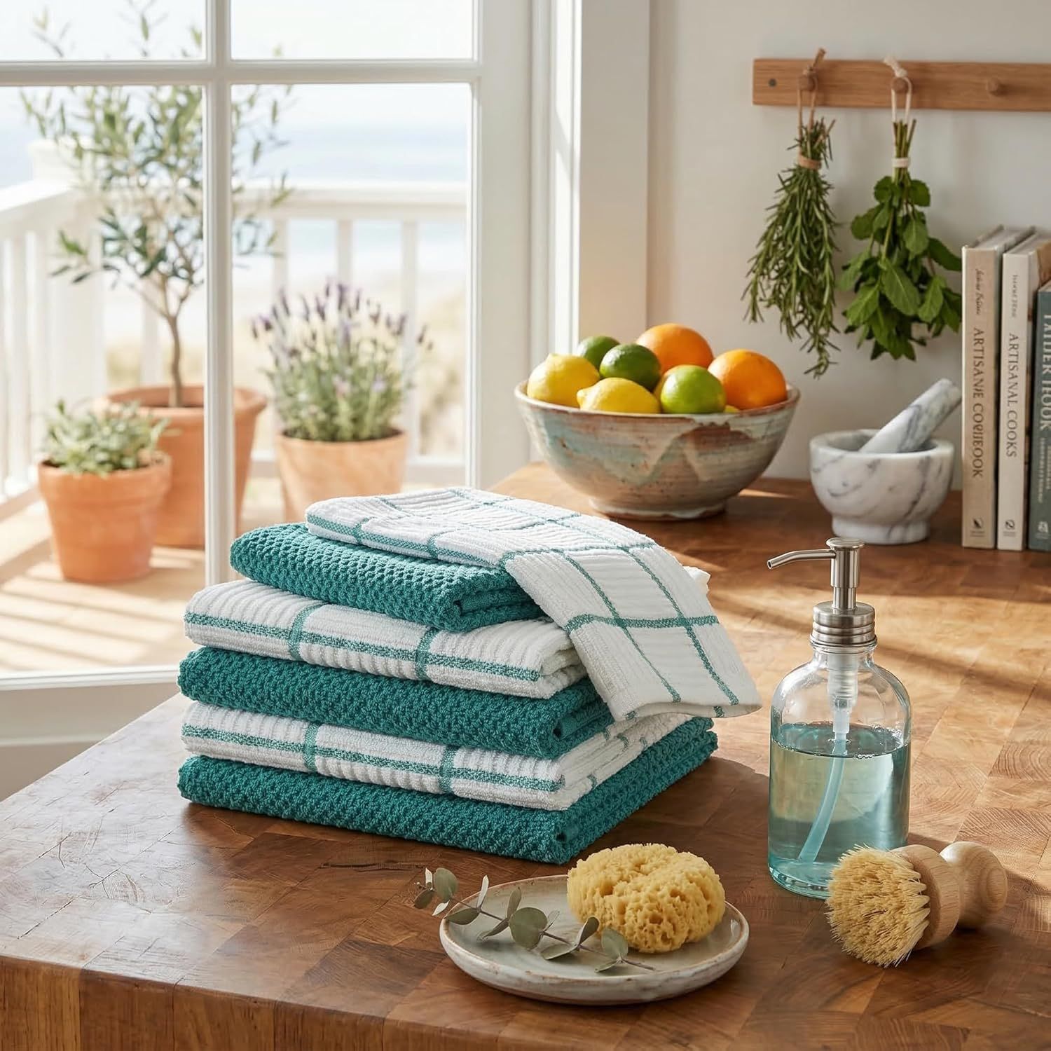 6 Pack Large Kitchen Towels, 16x27 inch Absorbent Dishcloths, 100% Cotton Cleaning Cloth, Teal Set Pack of 6