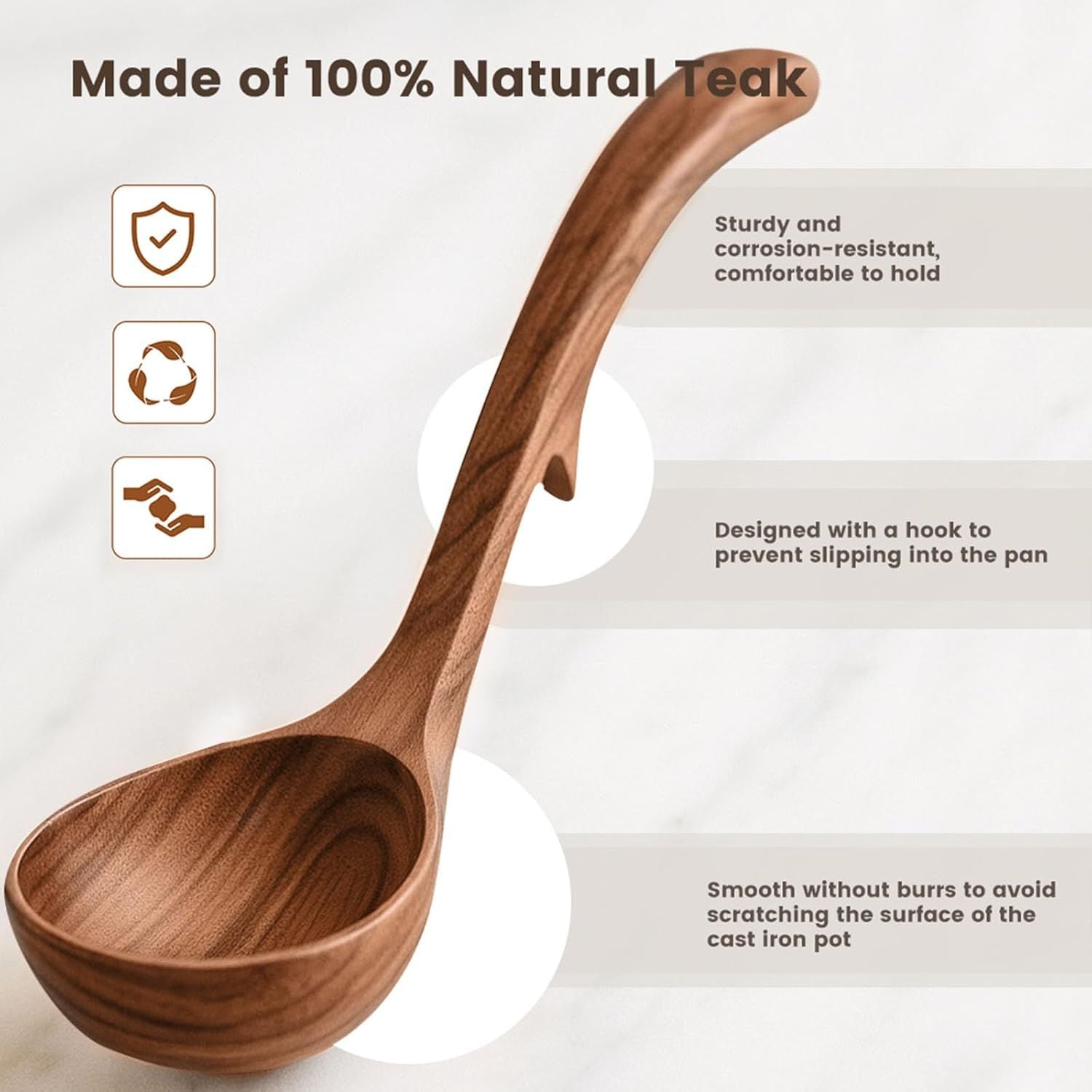 Wooden Ladle for Cooking, Wooden Soup Spoons, Natural Teak Wood Serving Spoon, 9'' Long Handle Scooper for Stirring Gravy Sauce Porridge, House Warming Gifts New Home