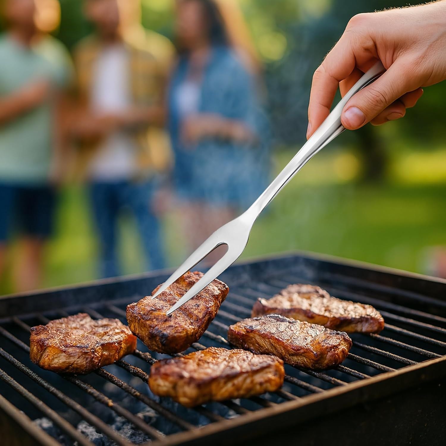 14.6" Stainless Steel Carving Fork for Meat, 2-Prong Serving & Grilling Fork with Hanging Hole, Hollow Handle for Better Heat Reduction, Kitchen Utensil for Cooking & Serving