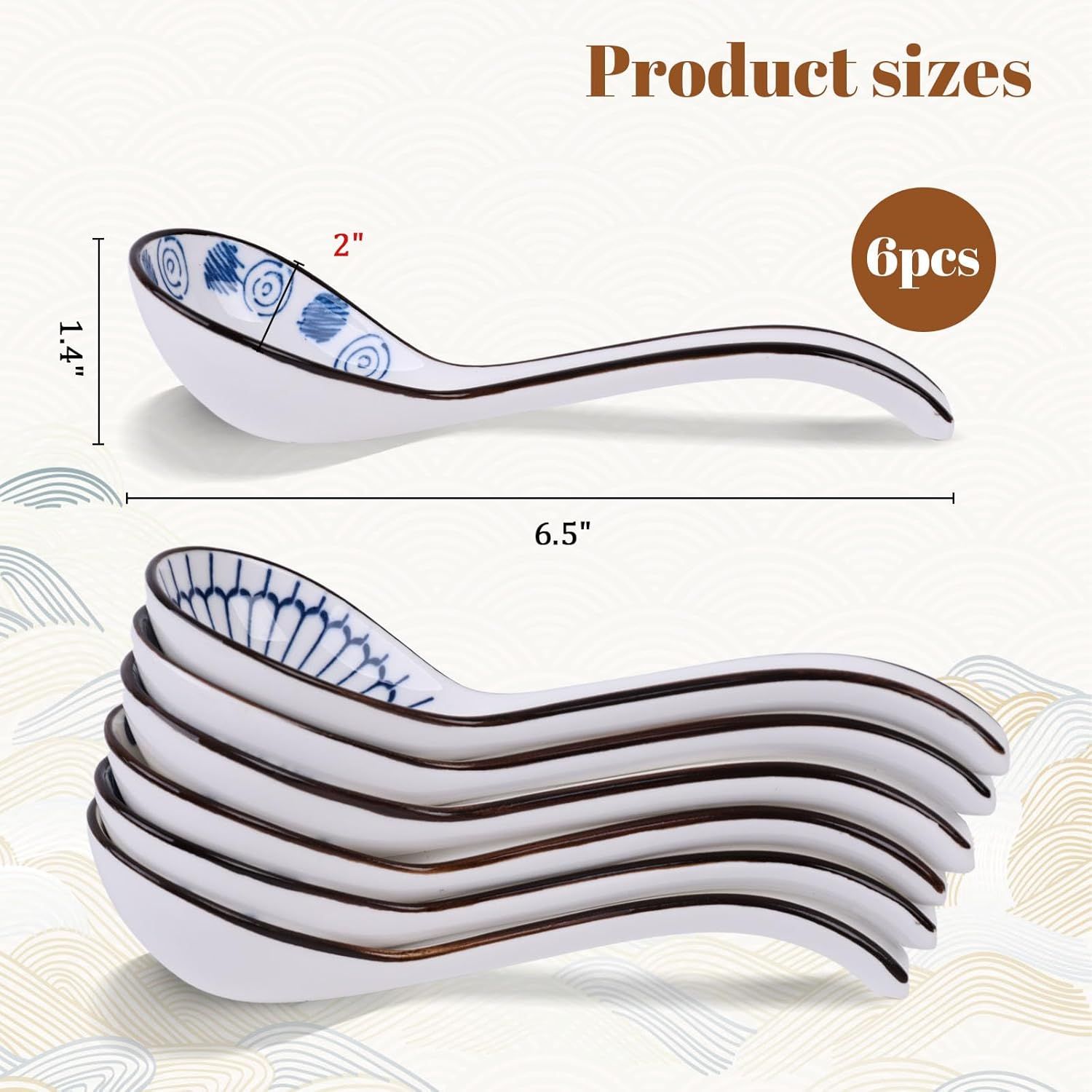Asian Soup Spoon, 6 PCS Ceramic Soup Spoons for Ramen, Pho, Wonton, Miso, Dumplings, Rice, Noodle, Elegant Gifts for Friends Parents Family, with Long Handle, Easy to Hold, Non-slip Bottom