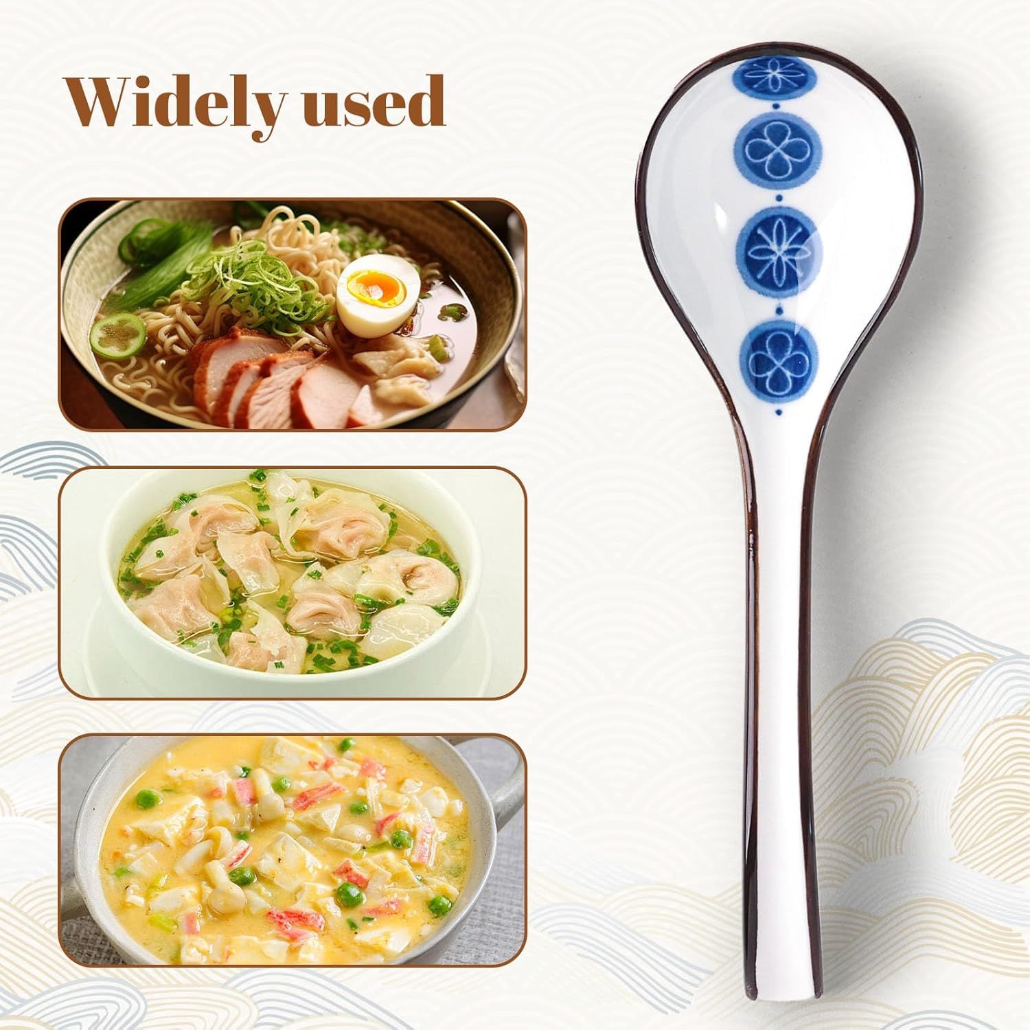 Asian Soup Spoon, 6 PCS Ceramic Soup Spoons for Ramen, Pho, Wonton, Miso, Dumplings, Rice, Noodle, Elegant Gifts for Friends Parents Family, with Long Handle, Easy to Hold, Non-slip Bottom