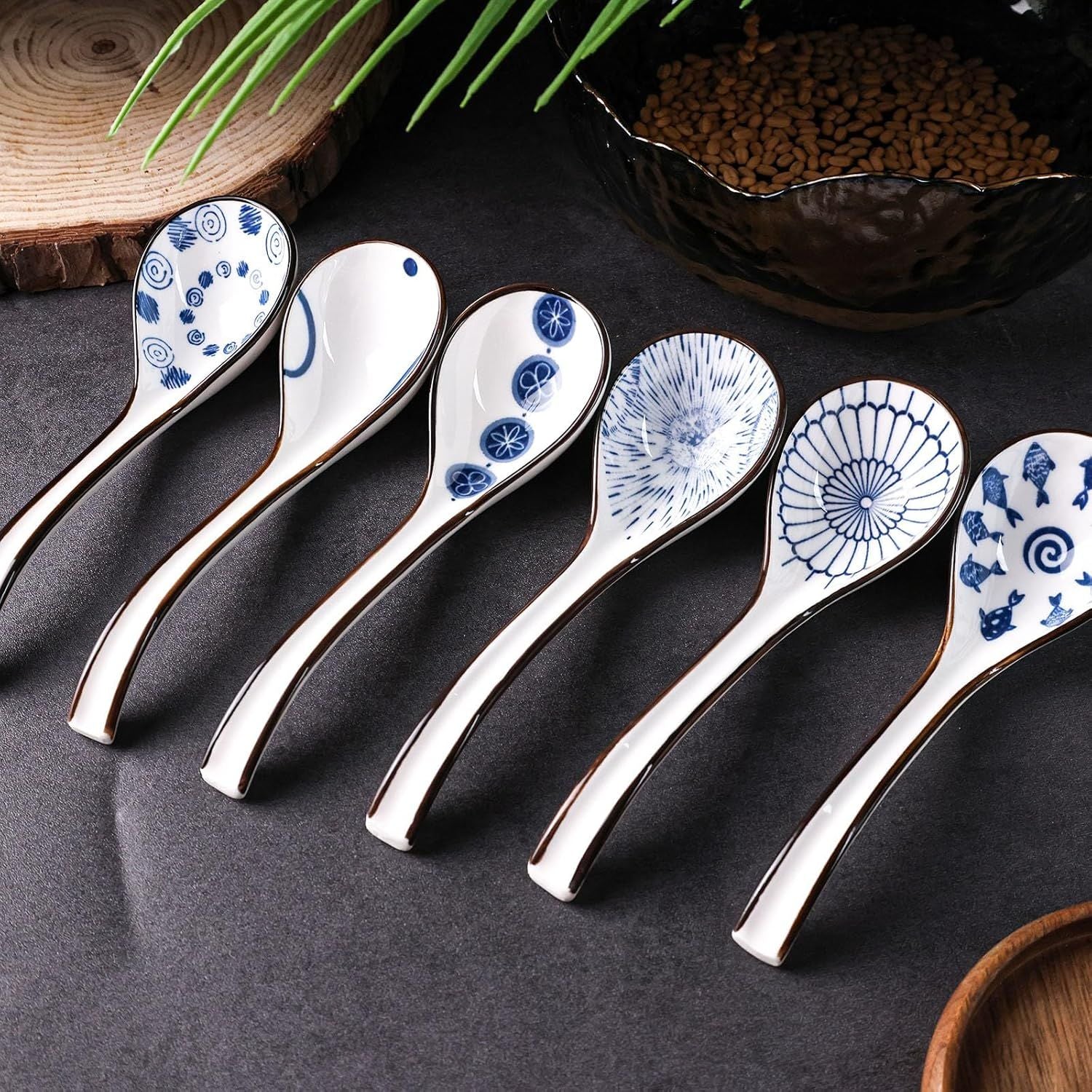 Asian Soup Spoon, 6 PCS Ceramic Soup Spoons for Ramen, Pho, Wonton, Miso, Dumplings, Rice, Noodle, Elegant Gifts for Friends Parents Family, with Long Handle, Easy to Hold, Non-slip Bottom