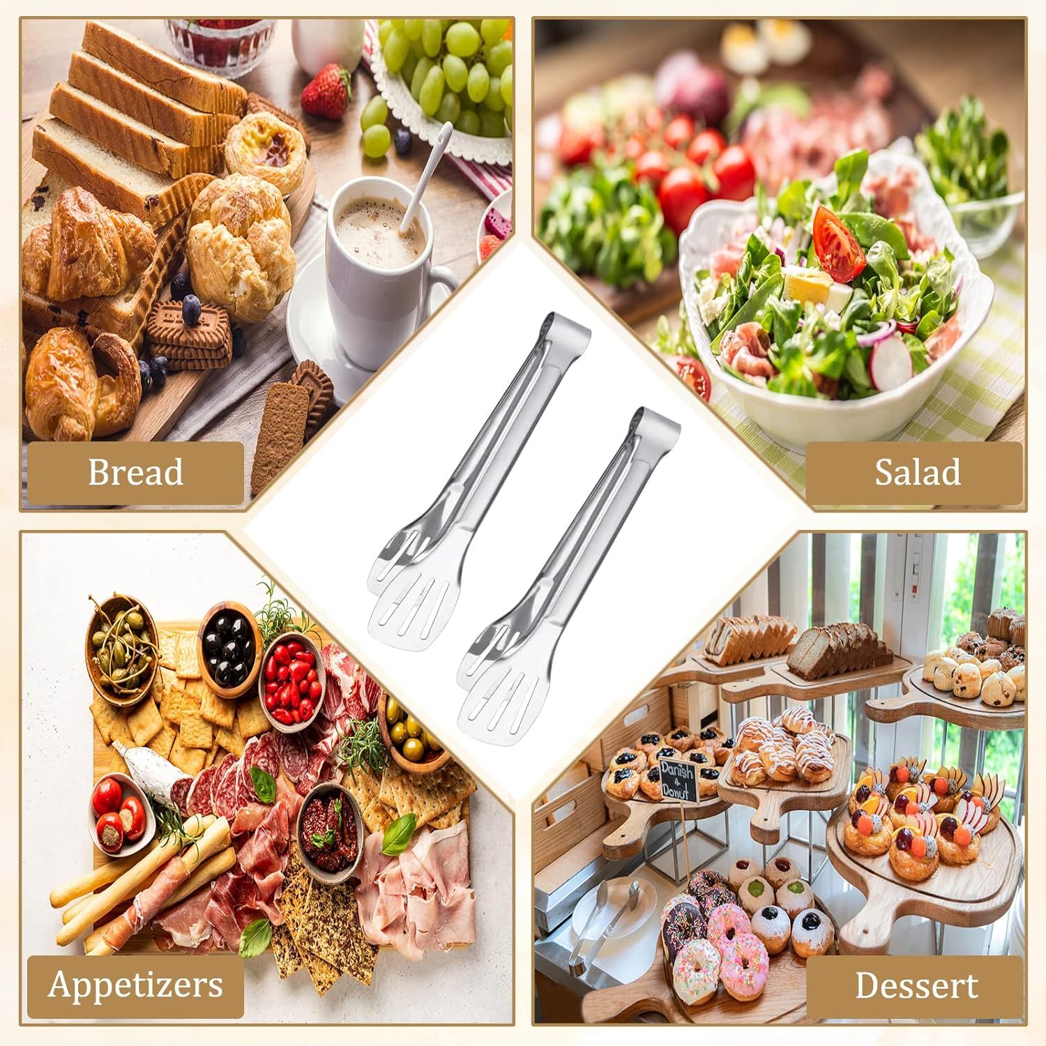 6PCS Serving Tongs, 7Inch Buffet Tongs, Stainless Steel Food Tong Small Serving Utensils for Cooking, Entertaining, Salad, Barbecue, Buffet, Toast and Steak by Stainless buffet tongs