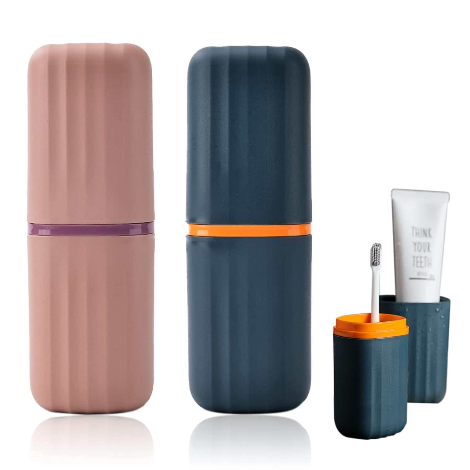 2Pcs Travel Toothbrush Cup Case, Portable Toothbrush Holder Case for Traveling, Camping, Business Trip and School, Plastic Toothbrushes Toothpaste Set with Two Colors Navy blue and Lotus color