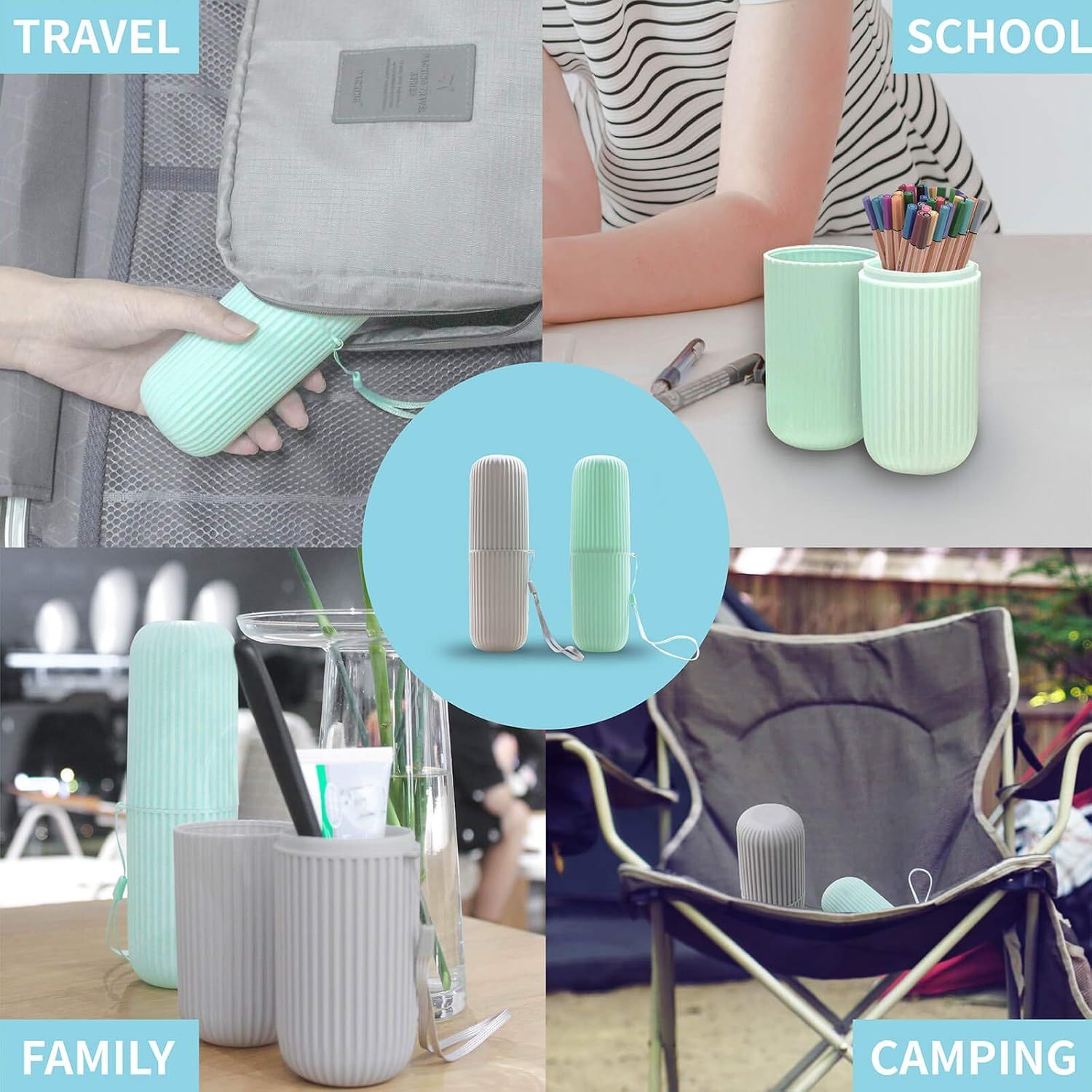 2Pcs Travel Toothbrush Holder, Portable Toothbrush Case for Traveling, Camping, Business Trip and School, Multifuction Plastic Toothbrushes Toothpaste Set with Two Colors Length：7.7"
