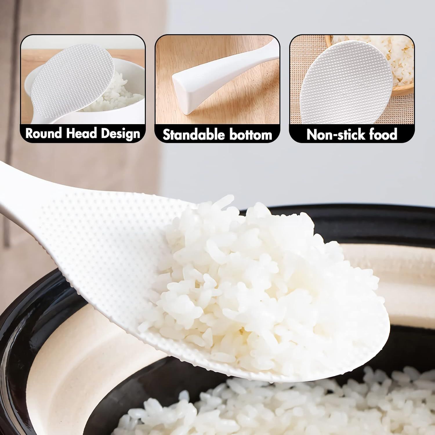 2 Pcs Plastic Rice Paddle,Non Stick Standing Rice Spoon Scooper Spatula,Heat Resistant Rice Cooker Spoon White