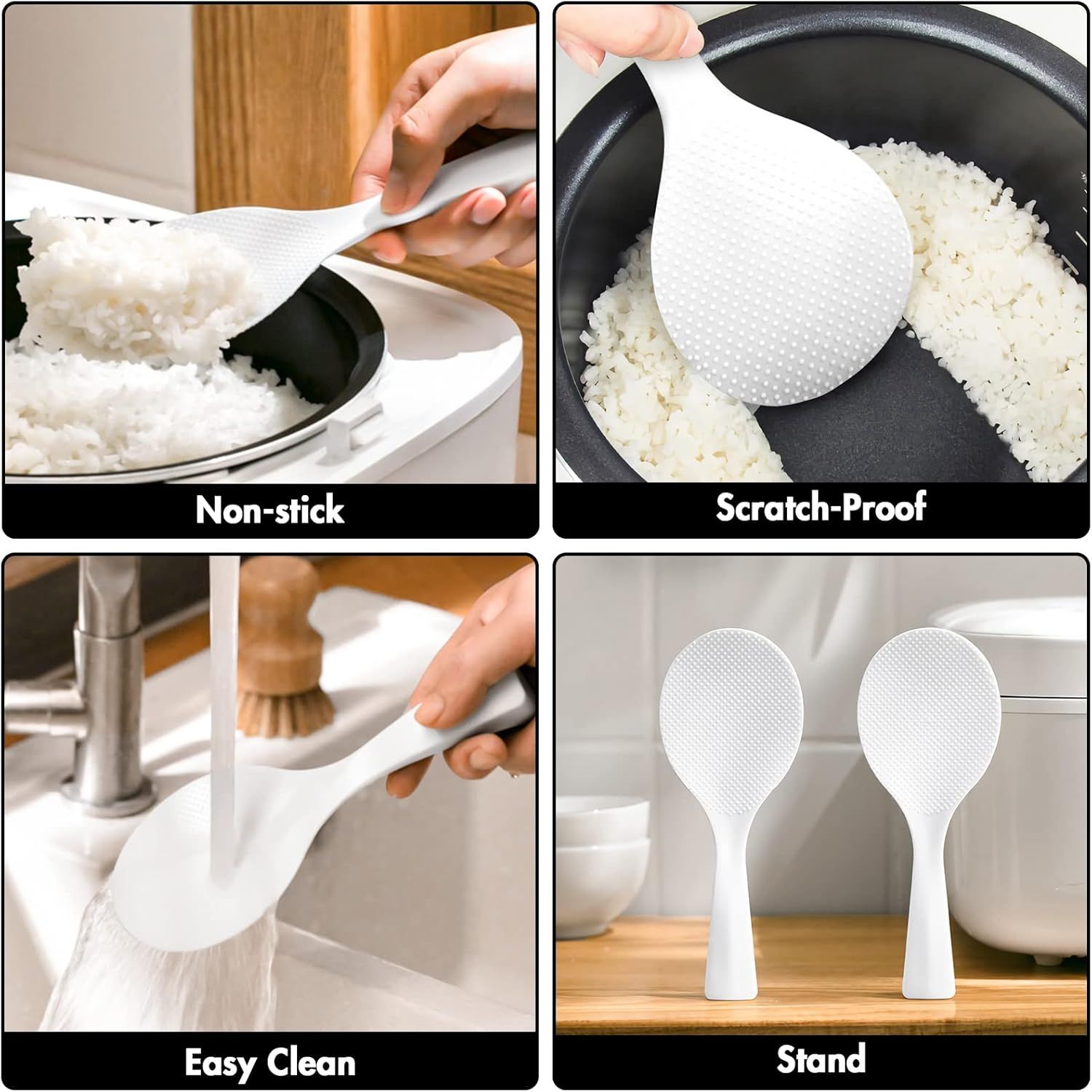 2 Pcs Plastic Rice Paddle,Non Stick Standing Rice Spoon Scooper Spatula,Heat Resistant Rice Cooker Spoon White