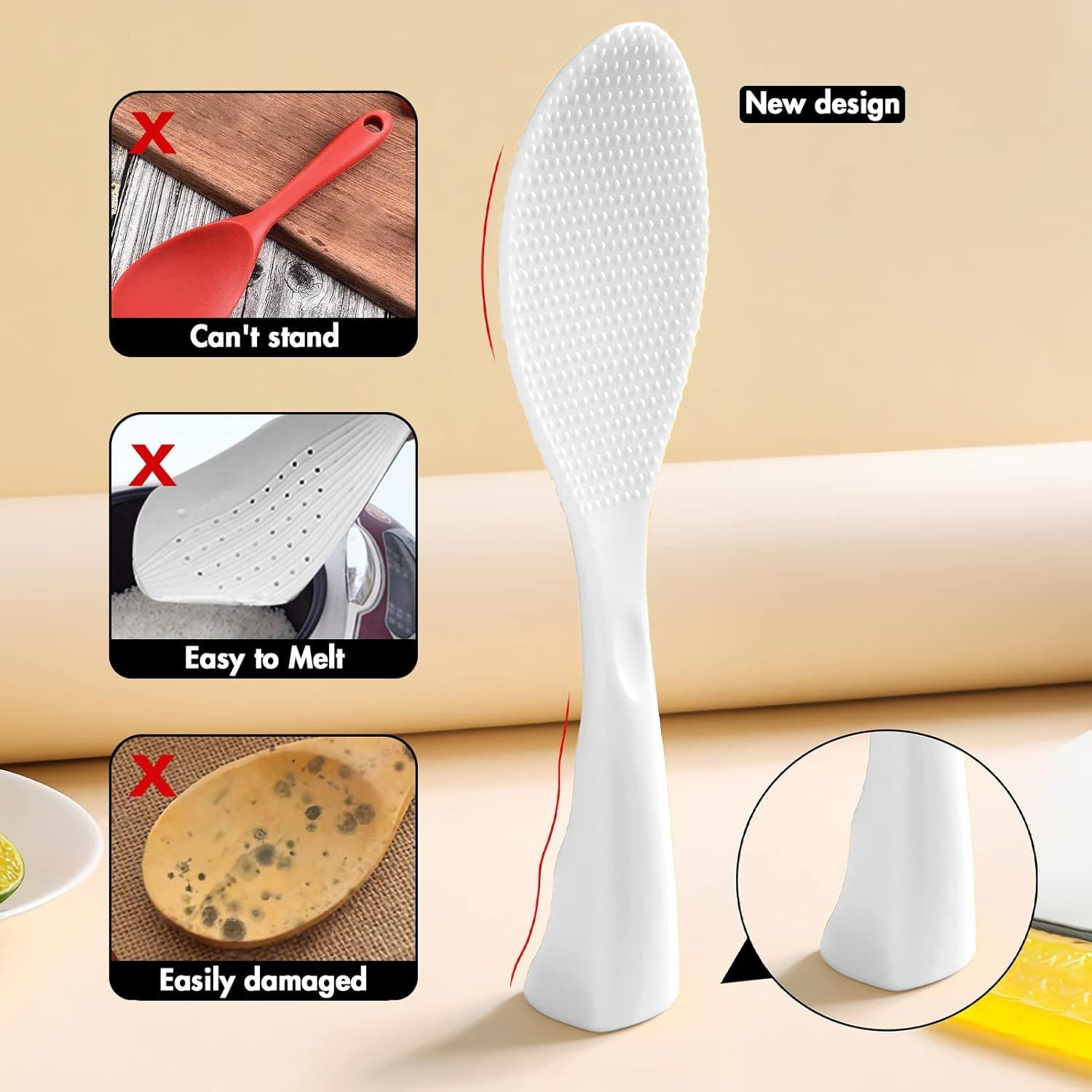 Silicone Standing Rice Spatula with Non-Stick Paddle, Heat Resistant Rice Cooker Spoon, Serving Spoon for Grains White