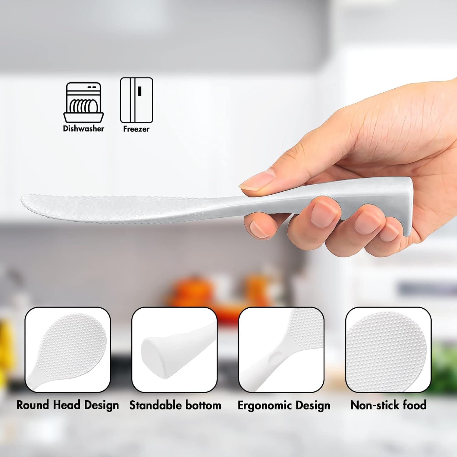 Silicone Standing Rice Spatula with Non-Stick Paddle, Heat Resistant Rice Cooker Spoon, Serving Spoon for Grains White