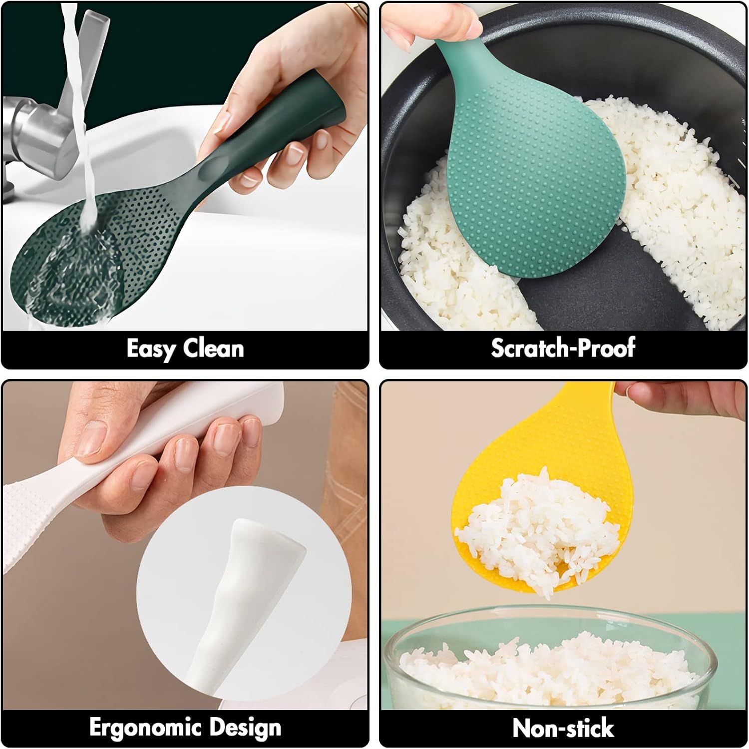 Silicone Standing Rice Spatula with Non-Stick Paddle, Heat Resistant Rice Cooker Spoon, Serving Spoon for Grains White