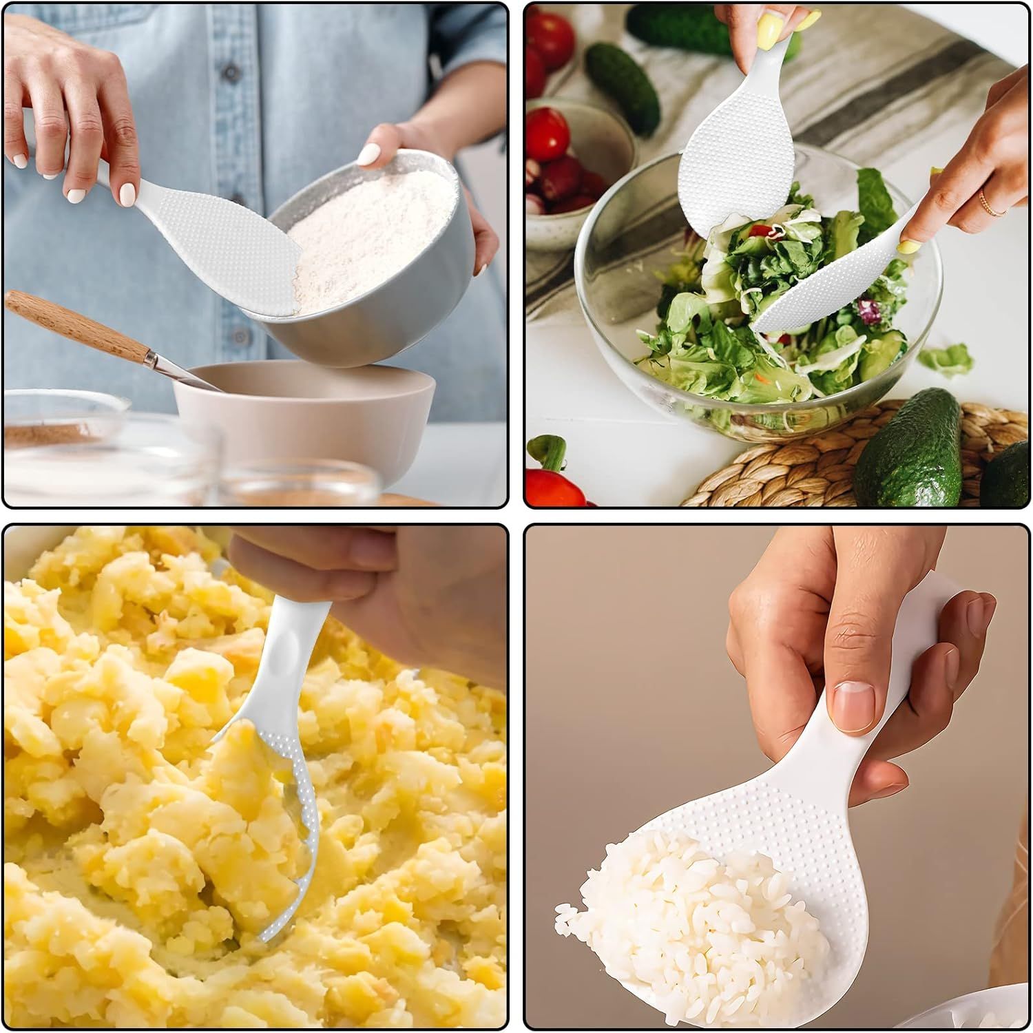 Silicone Standing Rice Spatula with Non-Stick Paddle, Heat Resistant Rice Cooker Spoon, Serving Spoon for Grains White