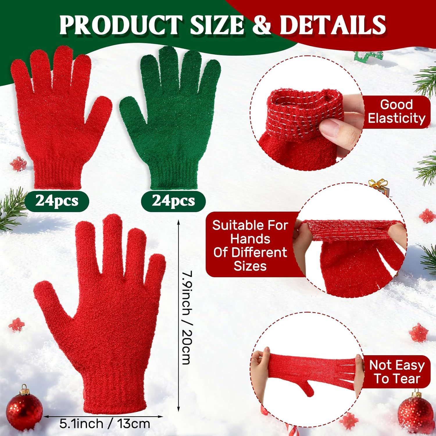 48 Pcs Red and Green Exfoliating Gloves Shower Gloves Bulk Christmas Stocking Stuffing Gifts Double Sided Body Scrub Exfoliate Glove for Women & Men Bath Shower Beauty Spa Massage Scrubber
