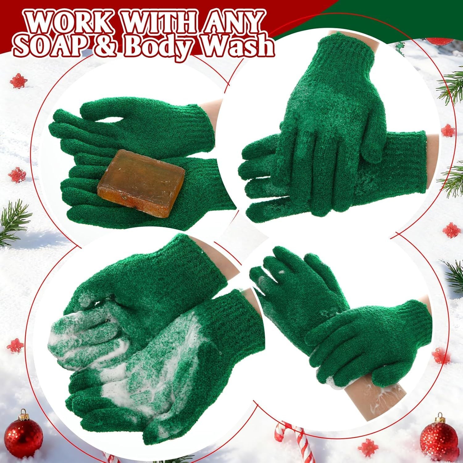 48 Pcs Red and Green Exfoliating Gloves Shower Gloves Bulk Christmas Stocking Stuffing Gifts Double Sided Body Scrub Exfoliate Glove for Women & Men Bath Shower Beauty Spa Massage Scrubber