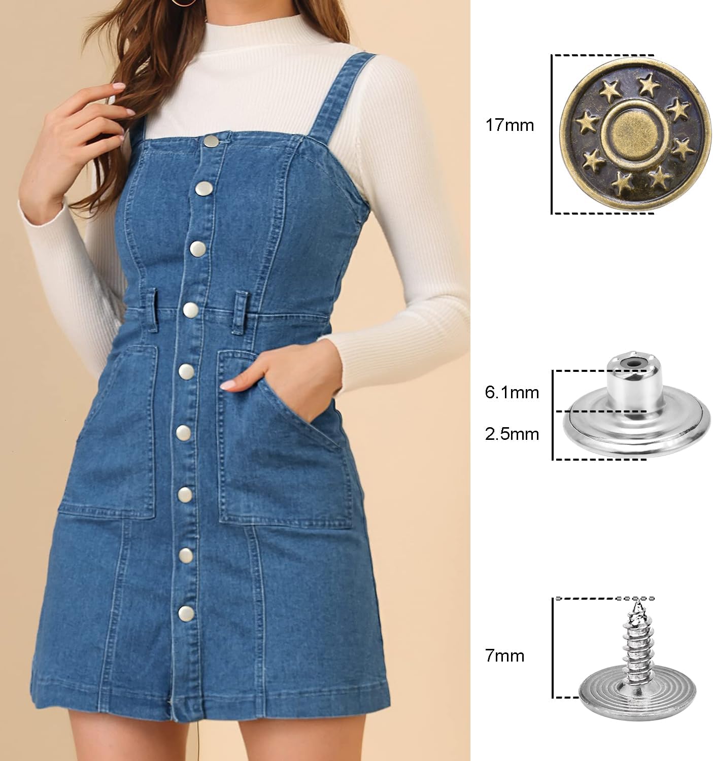 CooBigo 6Sets 1-1/2" Overalls Buckles + 24Pcs 17mm Jeans Bttons for Jeans Suspender Buckles Replacement Bib Pants DIY Sewing Accessories Bronze