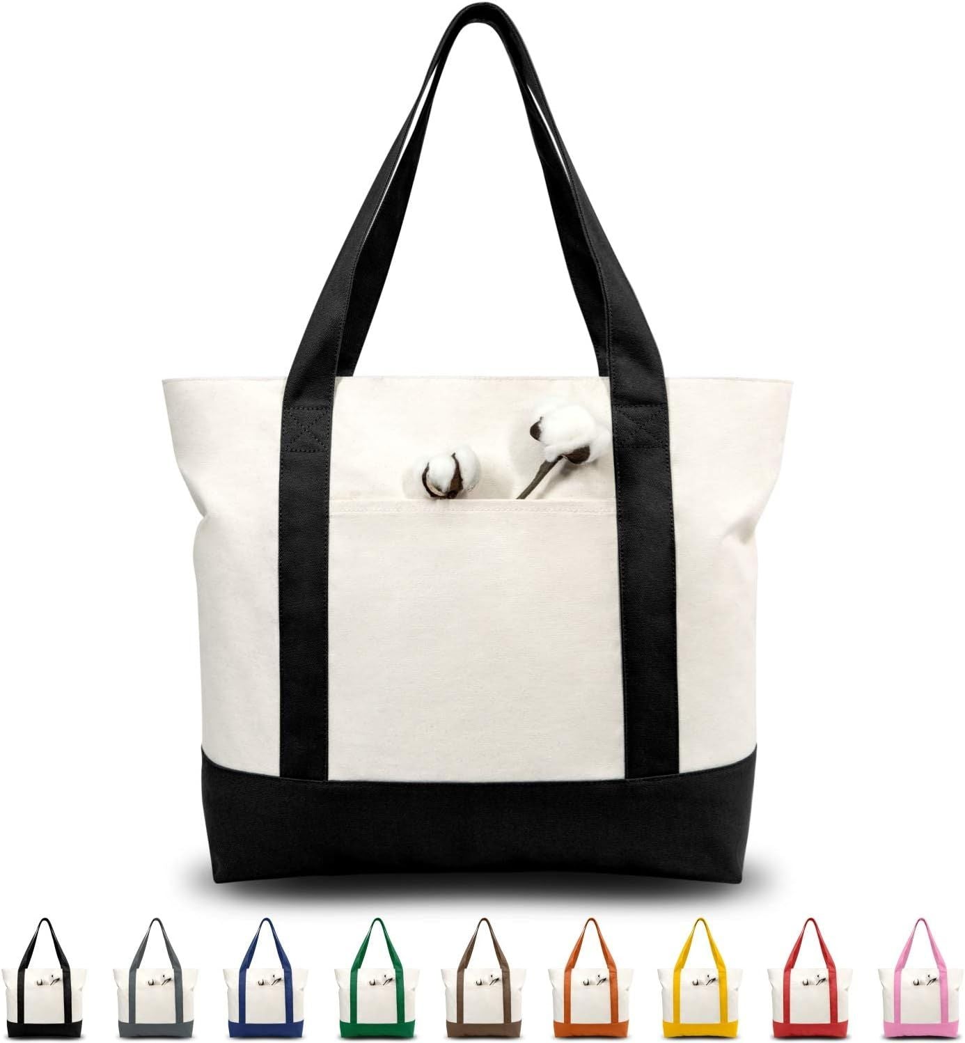 1 | 3 | 6 | 30 Pack Canvas Tote Bag with an External Pocket, Reusable Grocery Shopping Bag, Top Zipper Closure, Daily Essentials Black/Natural Pack of 1
