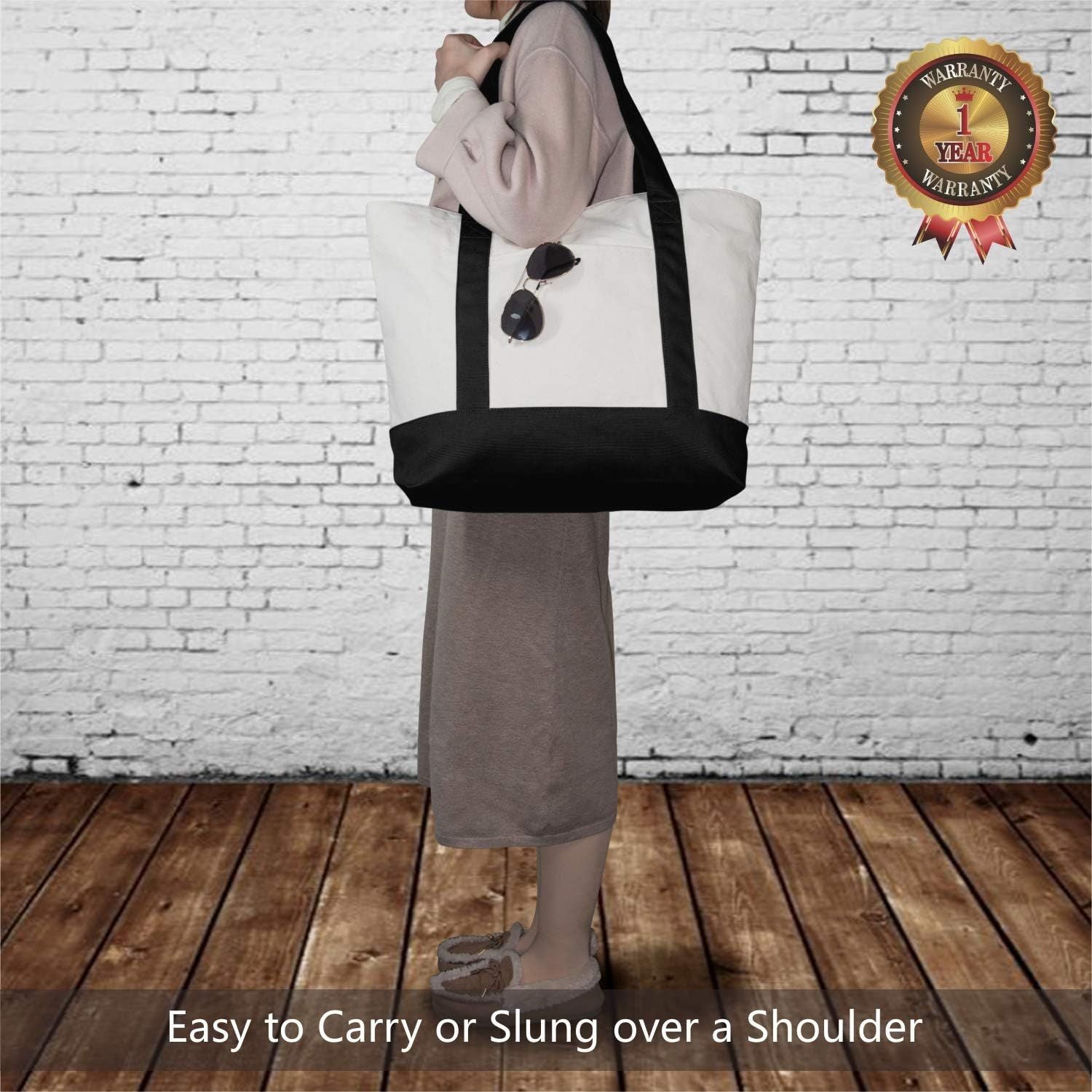 1 | 3 | 6 | 30 Pack Canvas Tote Bag with an External Pocket, Reusable Grocery Shopping Bag, Top Zipper Closure, Daily Essentials Black/Natural Pack of 1