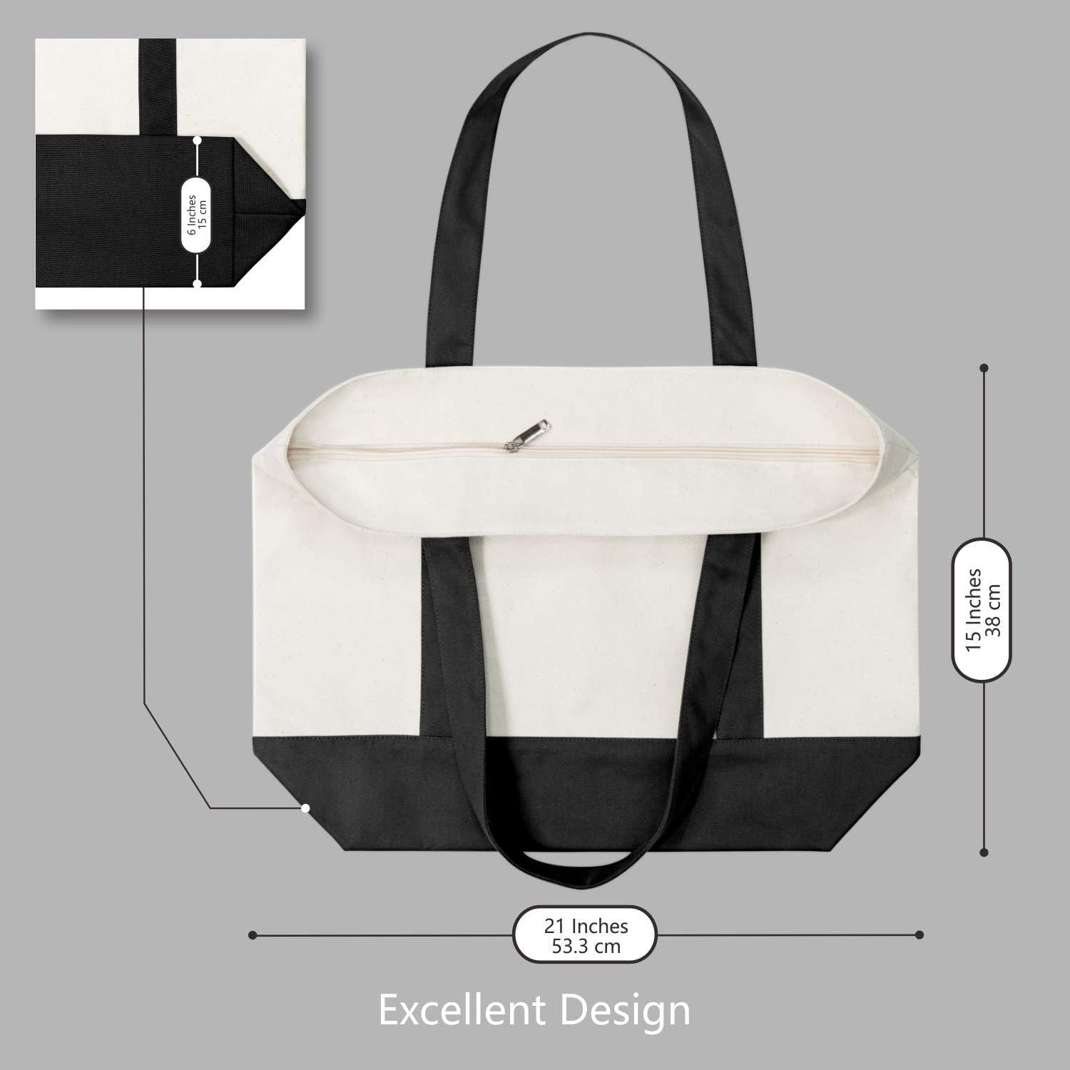 1 | 3 | 6 | 30 Pack Canvas Tote Bag with an External Pocket, Reusable Grocery Shopping Bag, Top Zipper Closure, Daily Essentials Black/Natural Pack of 1