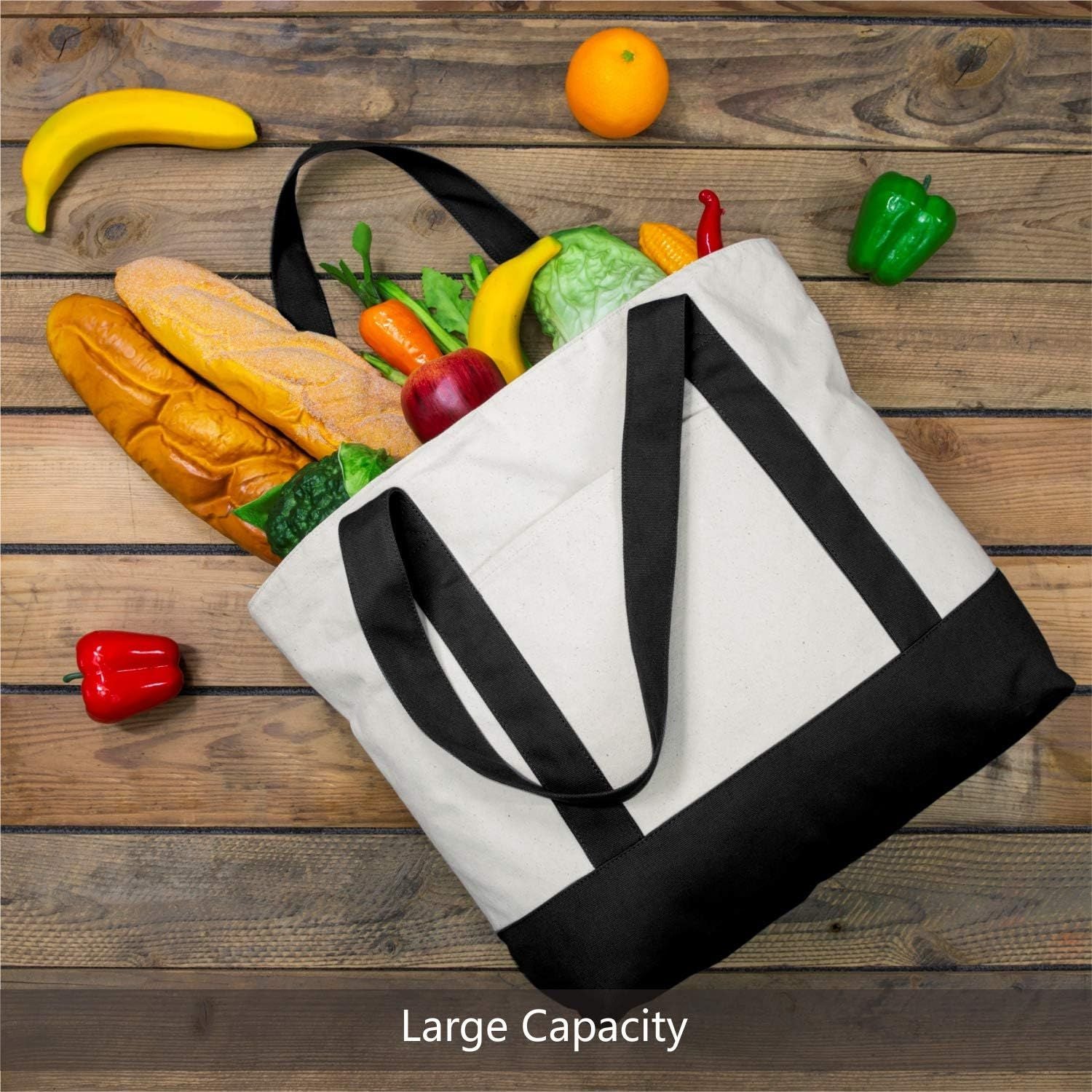 1 | 3 | 6 | 30 Pack Canvas Tote Bag with an External Pocket, Reusable Grocery Shopping Bag, Top Zipper Closure, Daily Essentials Black/Natural Pack of 1