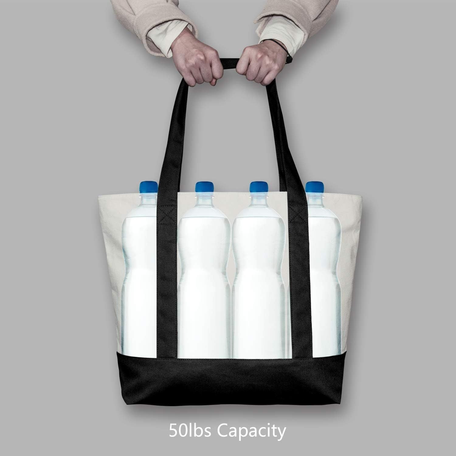 1 | 3 | 6 | 30 Pack Canvas Tote Bag with an External Pocket, Reusable Grocery Shopping Bag, Top Zipper Closure, Daily Essentials Black/Natural Pack of 1