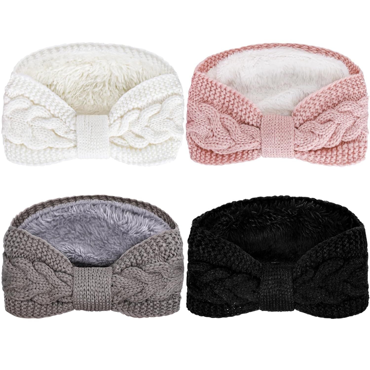 4 Pack Twisted Knit Headbands Winter Knotted Head Wraps Fuzzy Lined Headband Thick Crochet Turban Ear Warmer Elastic Hair Band Accessories for Women White, Pink, Black, Grey