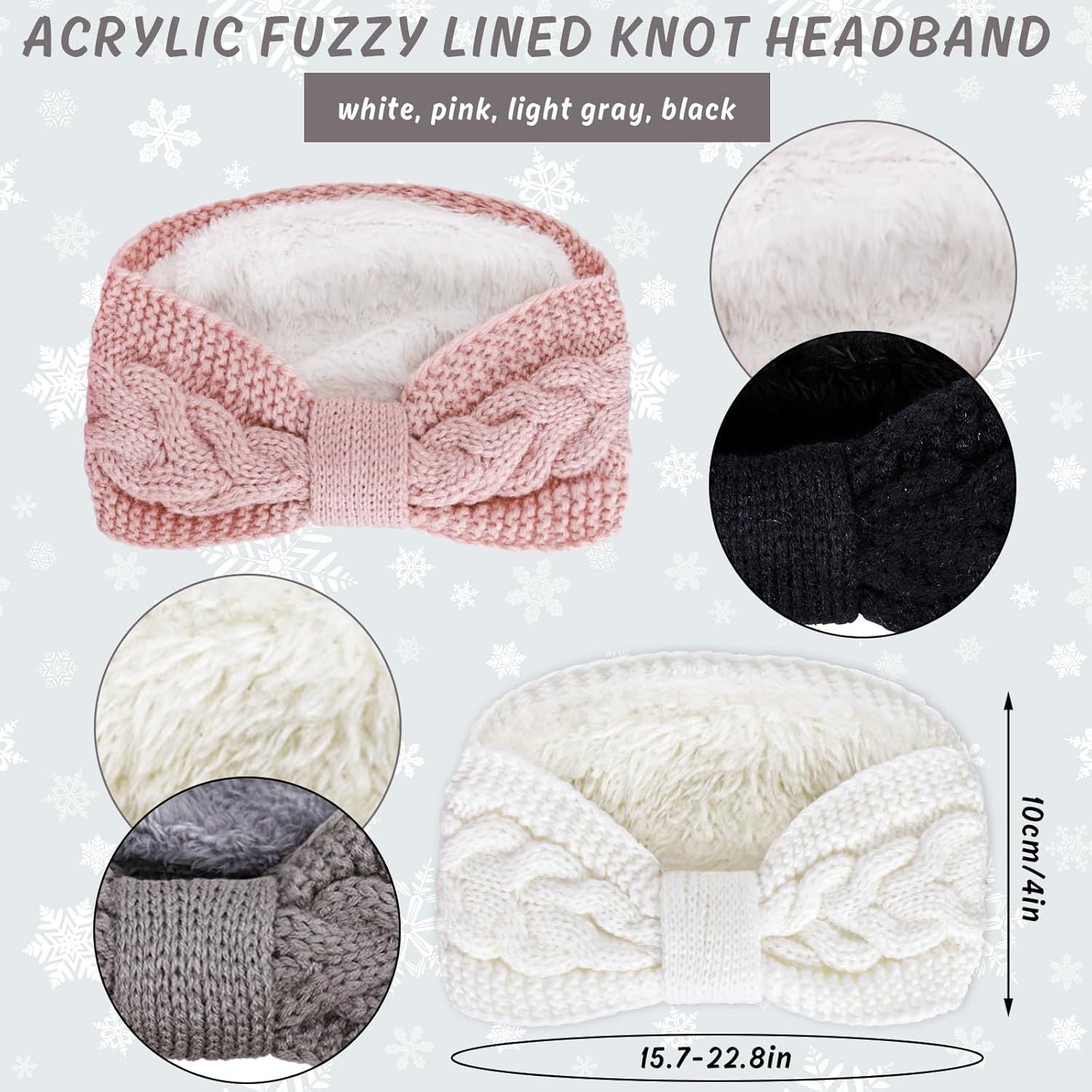 4 Pack Twisted Knit Headbands Winter Knotted Head Wraps Fuzzy Lined Headband Thick Crochet Turban Ear Warmer Elastic Hair Band Accessories for Women White, Pink, Black, Grey