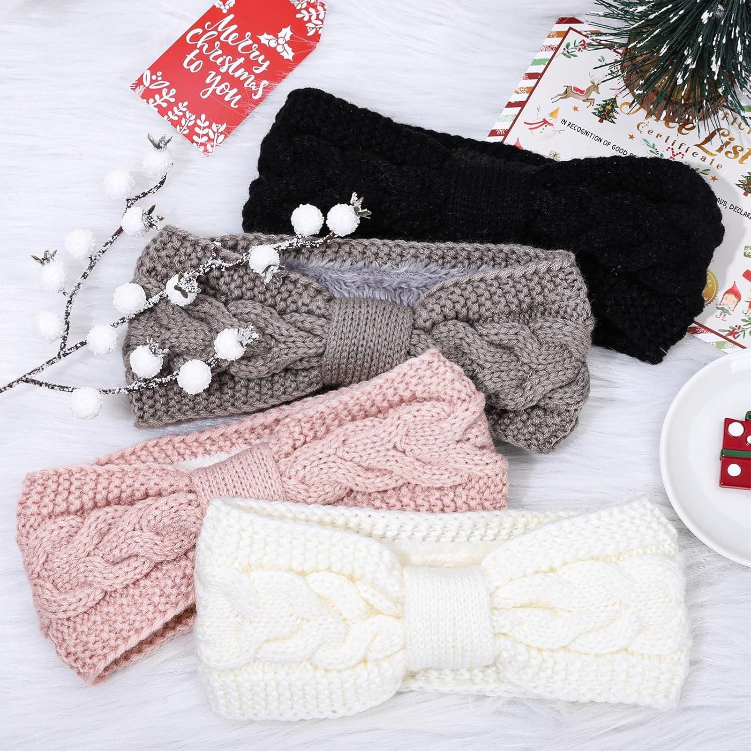 4 Pack Twisted Knit Headbands Winter Knotted Head Wraps Fuzzy Lined Headband Thick Crochet Turban Ear Warmer Elastic Hair Band Accessories for Women White, Pink, Black, Grey
