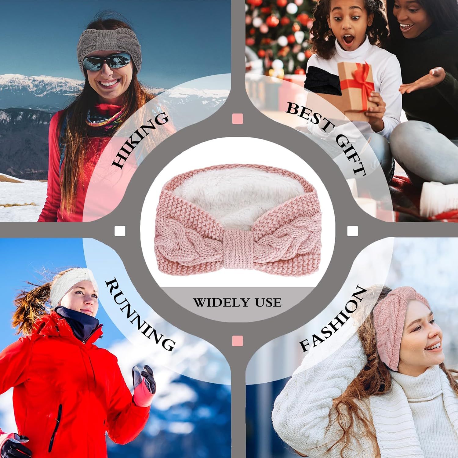4 Pack Twisted Knit Headbands Winter Knotted Head Wraps Fuzzy Lined Headband Thick Crochet Turban Ear Warmer Elastic Hair Band Accessories for Women White, Pink, Black, Grey