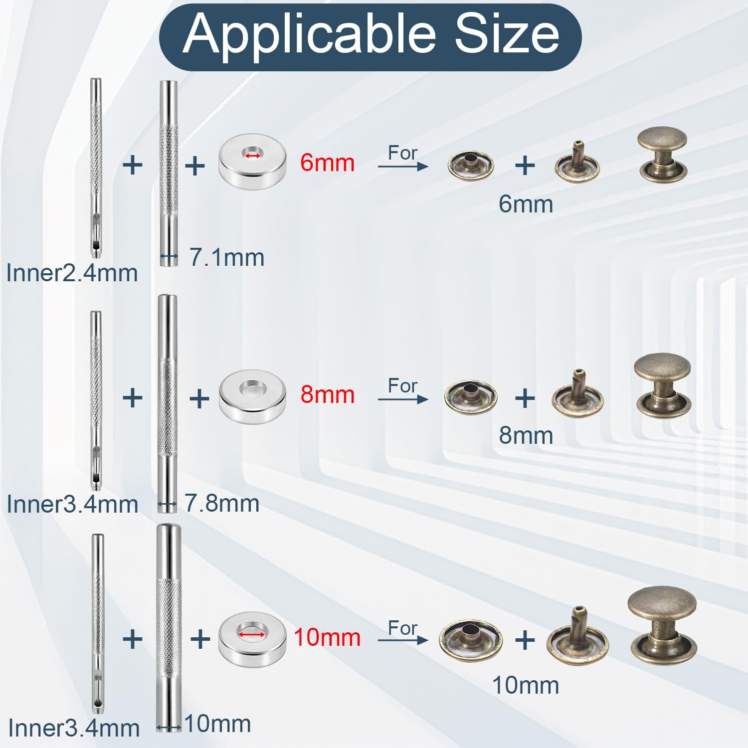 200Sets 6mm Leather Rivets + 7pcs Rivets Setting Tools for Install Leather Bag Belt Shoe Boot Hats Pet Collar Keychain Clothing