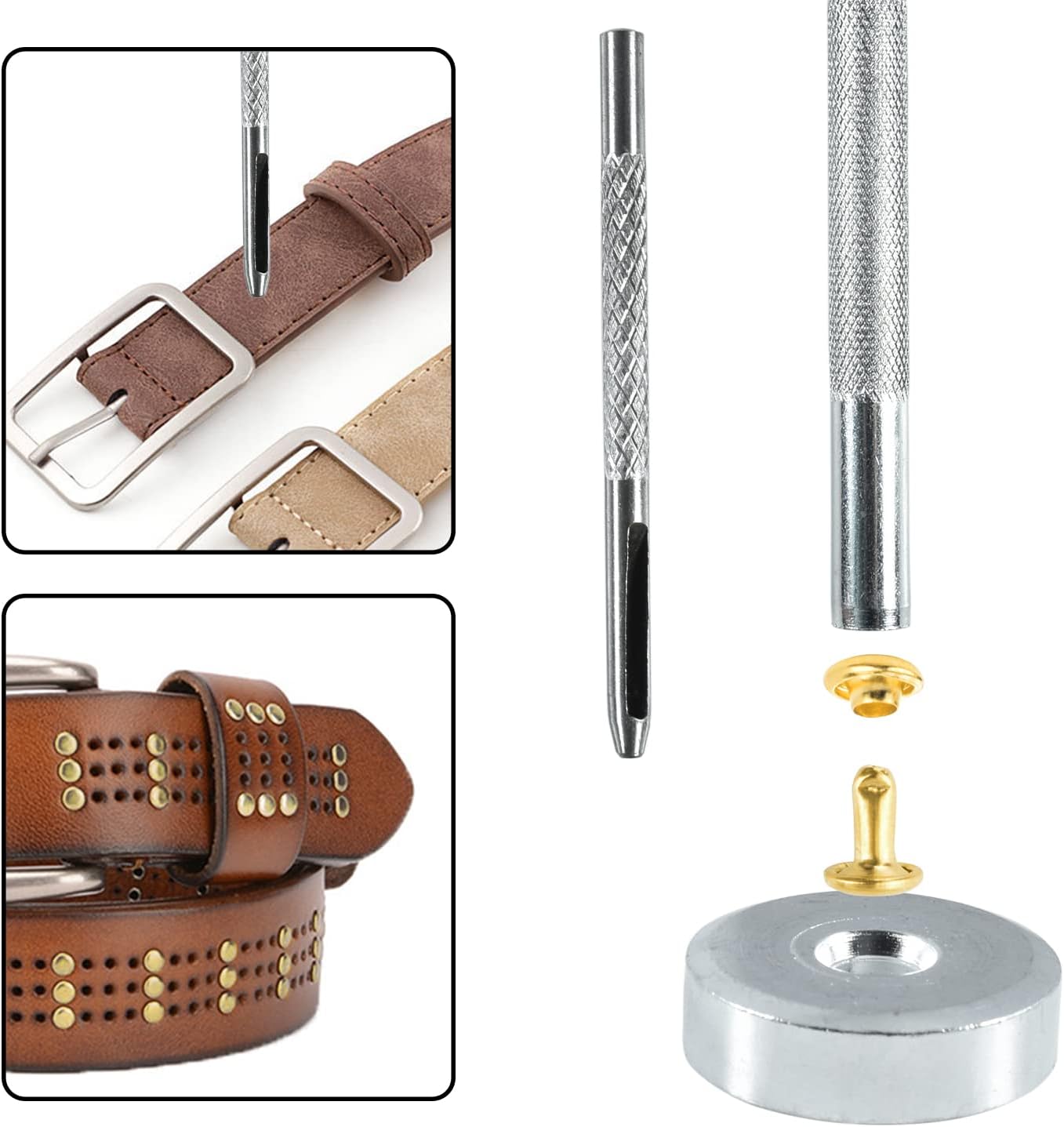 200Sets 6mm Leather Rivets + 7pcs Rivets Setting Tools for Install Leather Bag Belt Shoe Boot Hats Pet Collar Keychain Clothing