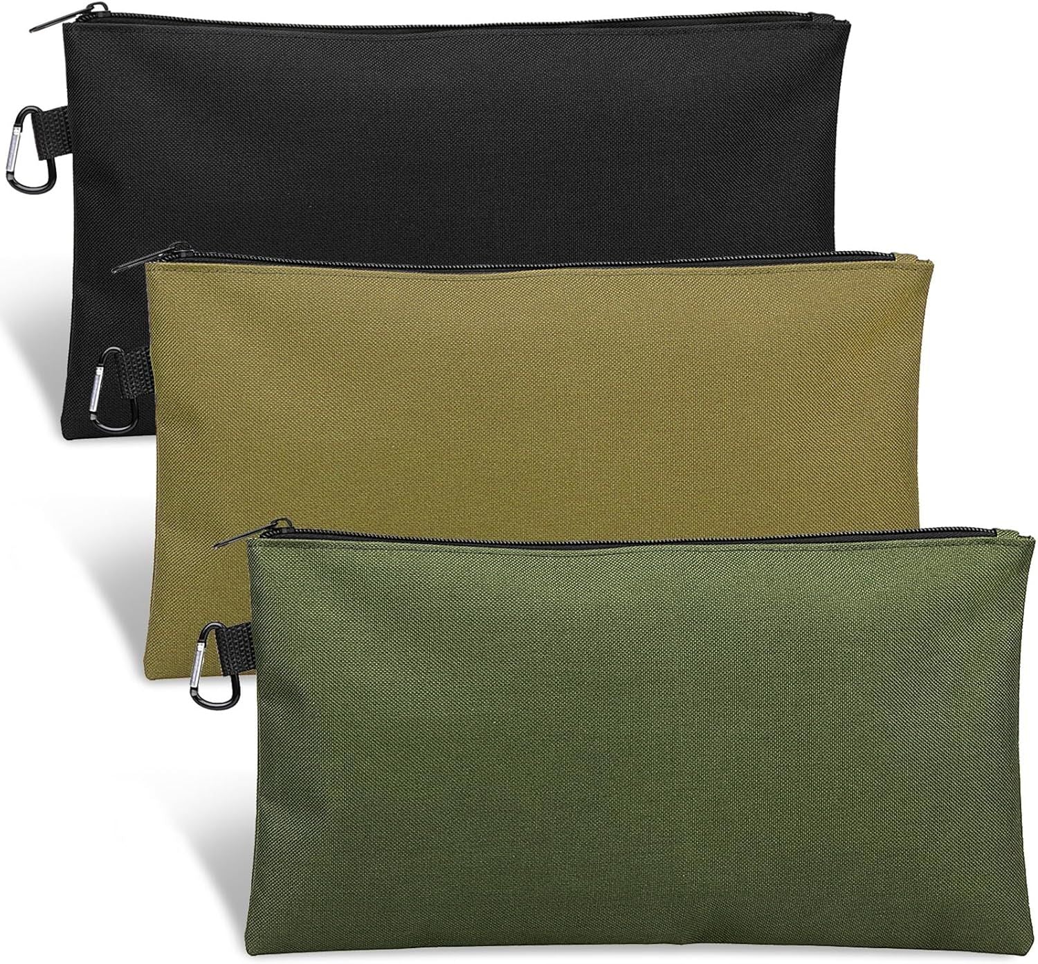 3 Pack Tool Bag Zipper Pouch, Premium Tool Pouch, Utility Multipurpose Storage Organizer Tool Pouches with Carabiner Metal Zipper for Tools, Stationary, Pencil Pouch 3 Pack, Tan, Navy Green, Black
