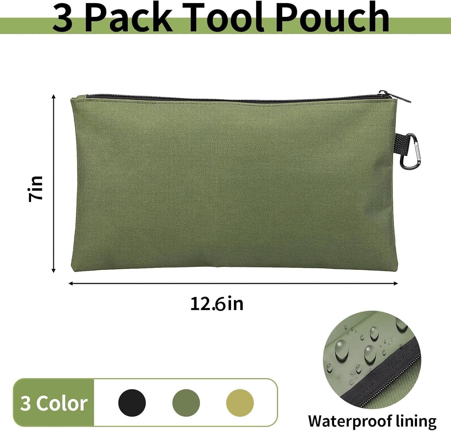 3 Pack Tool Bag Zipper Pouch, Premium Tool Pouch, Utility Multipurpose Storage Organizer Tool Pouches with Carabiner Metal Zipper for Tools, Stationary, Pencil Pouch 3 Pack, Tan, Navy Green, Black