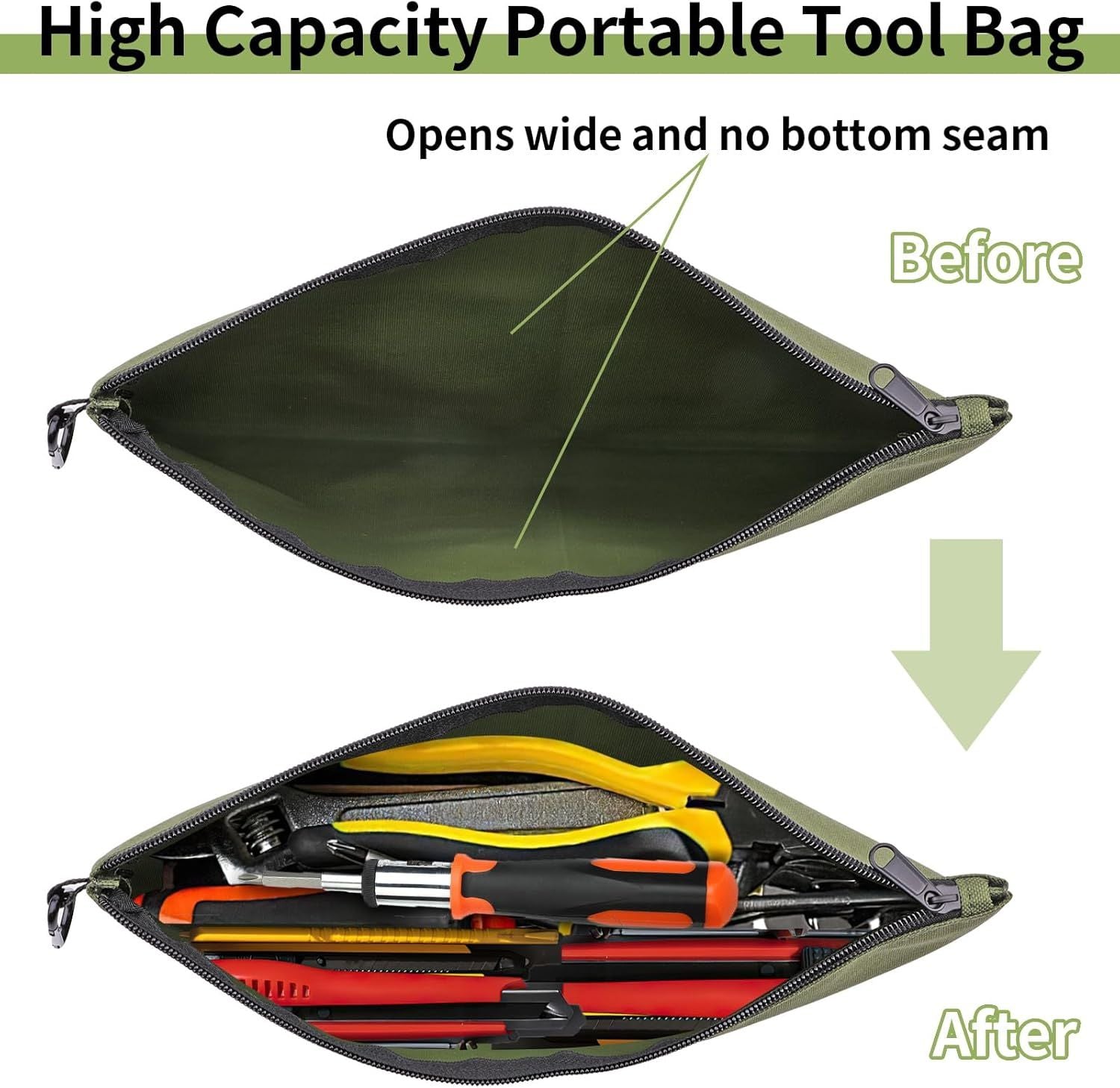 3 Pack Tool Bag Zipper Pouch, Premium Tool Pouch, Utility Multipurpose Storage Organizer Tool Pouches with Carabiner Metal Zipper for Tools, Stationary, Pencil Pouch 3 Pack, Tan, Navy Green, Black