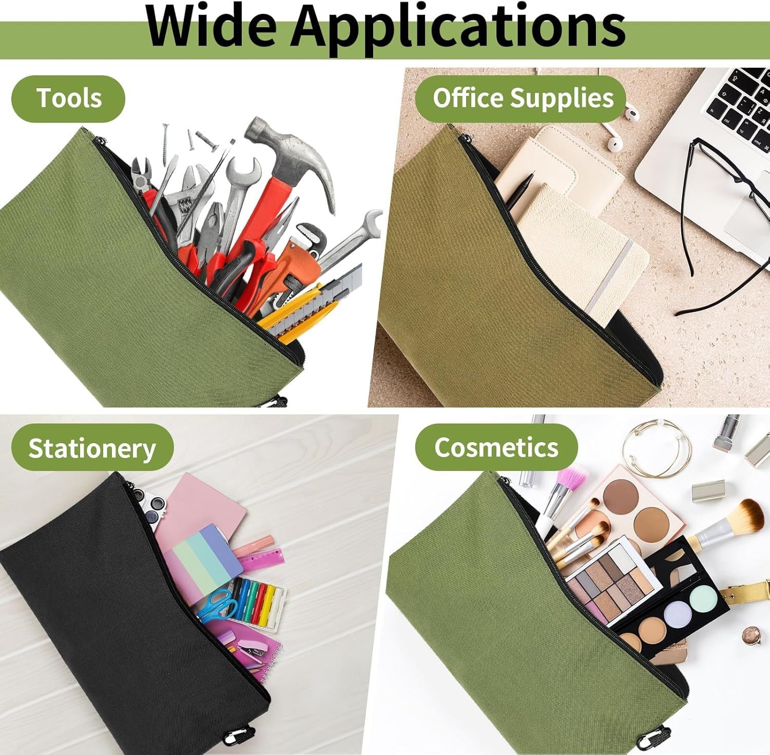 3 Pack Tool Bag Zipper Pouch, Premium Tool Pouch, Utility Multipurpose Storage Organizer Tool Pouches with Carabiner Metal Zipper for Tools, Stationary, Pencil Pouch 3 Pack, Tan, Navy Green, Black