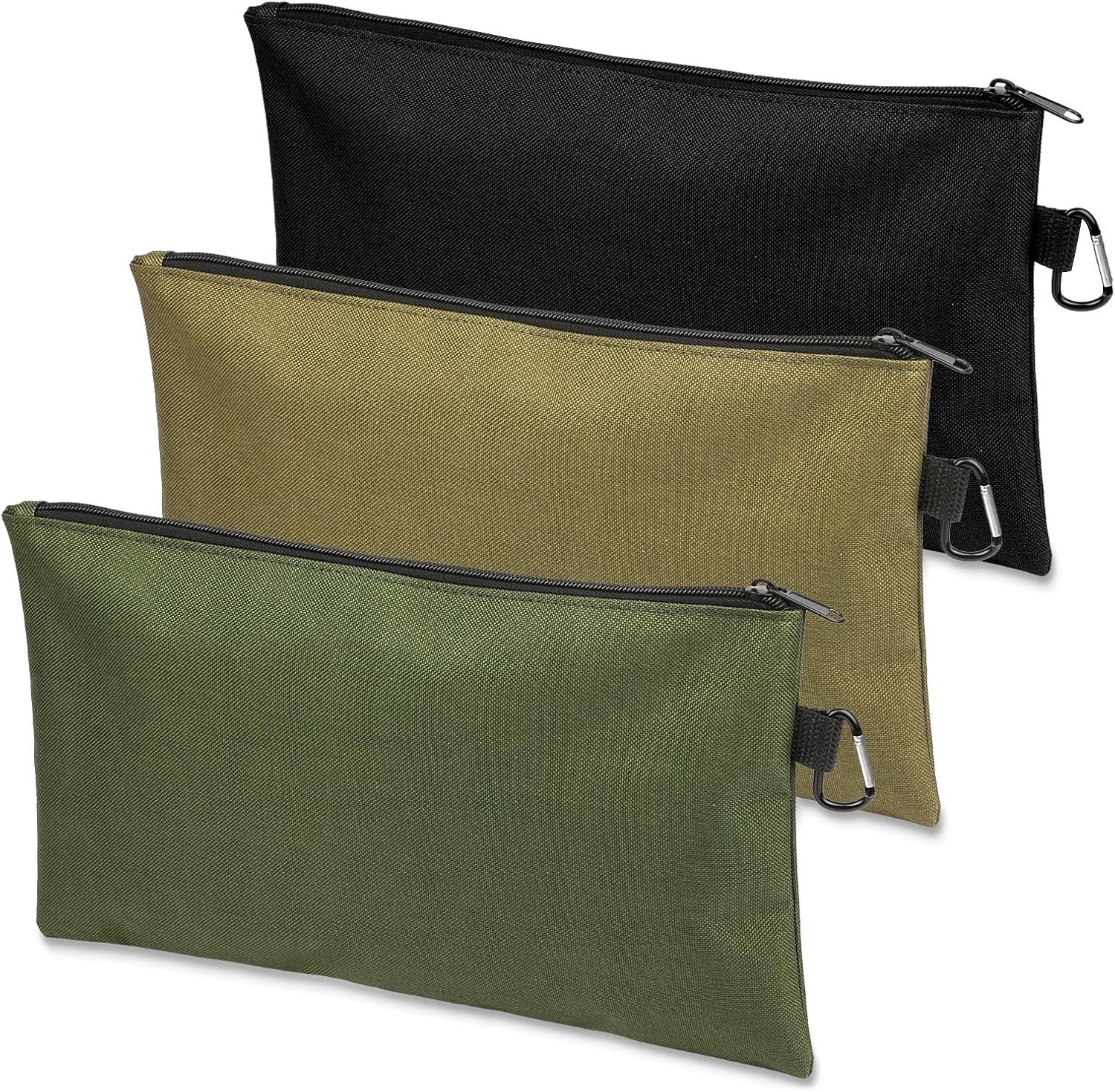 3 Pack Tool Bag Zipper Pouch, Premium Tool Pouch, Utility Multipurpose Storage Organizer Tool Pouches with Carabiner Metal Zipper for Tools, Stationary, Pencil Pouch 3 Pack, Tan, Navy Green, Black