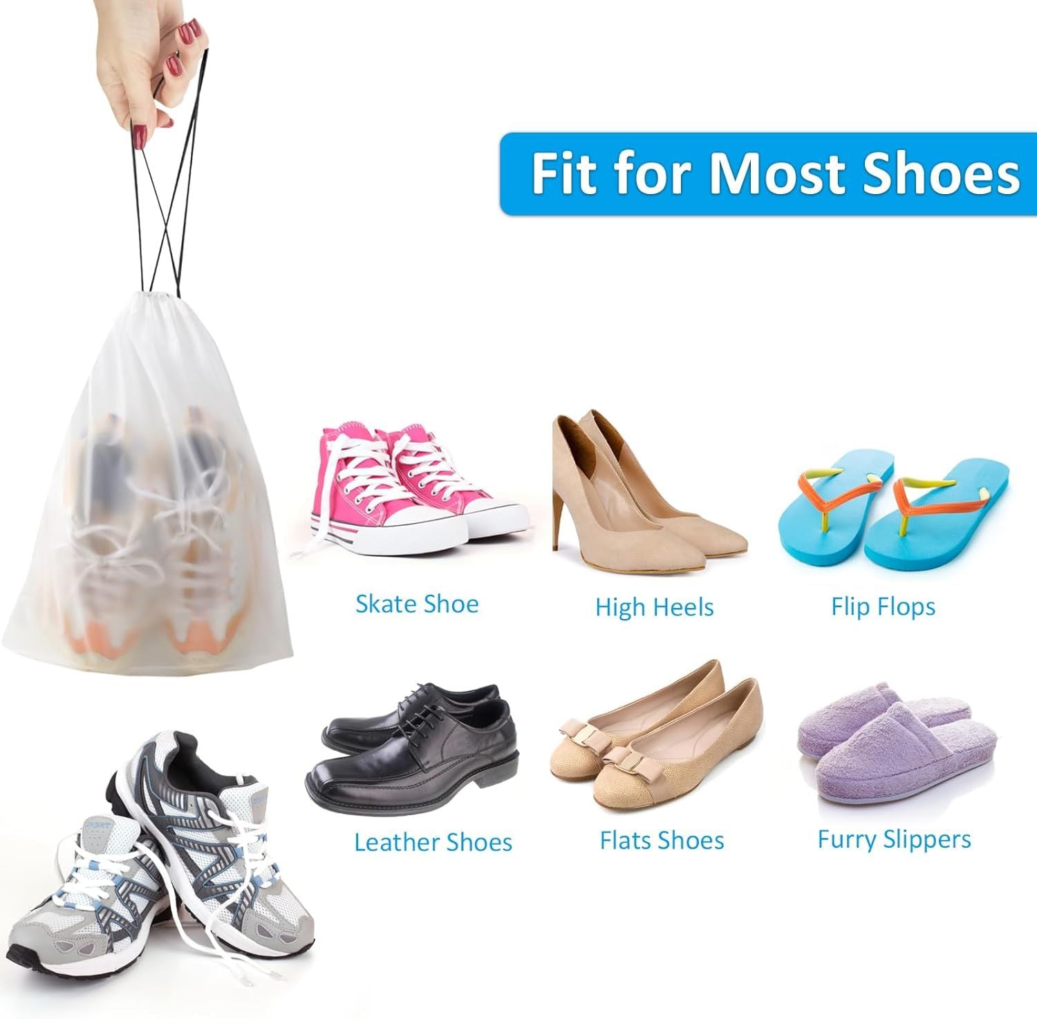 , Waterproof Travel Drawstring Shoe Bags for Packing, Storage, Travel Essentials for Men and Women, 15.7 x 11.8 inches, Clear, 5 pieces