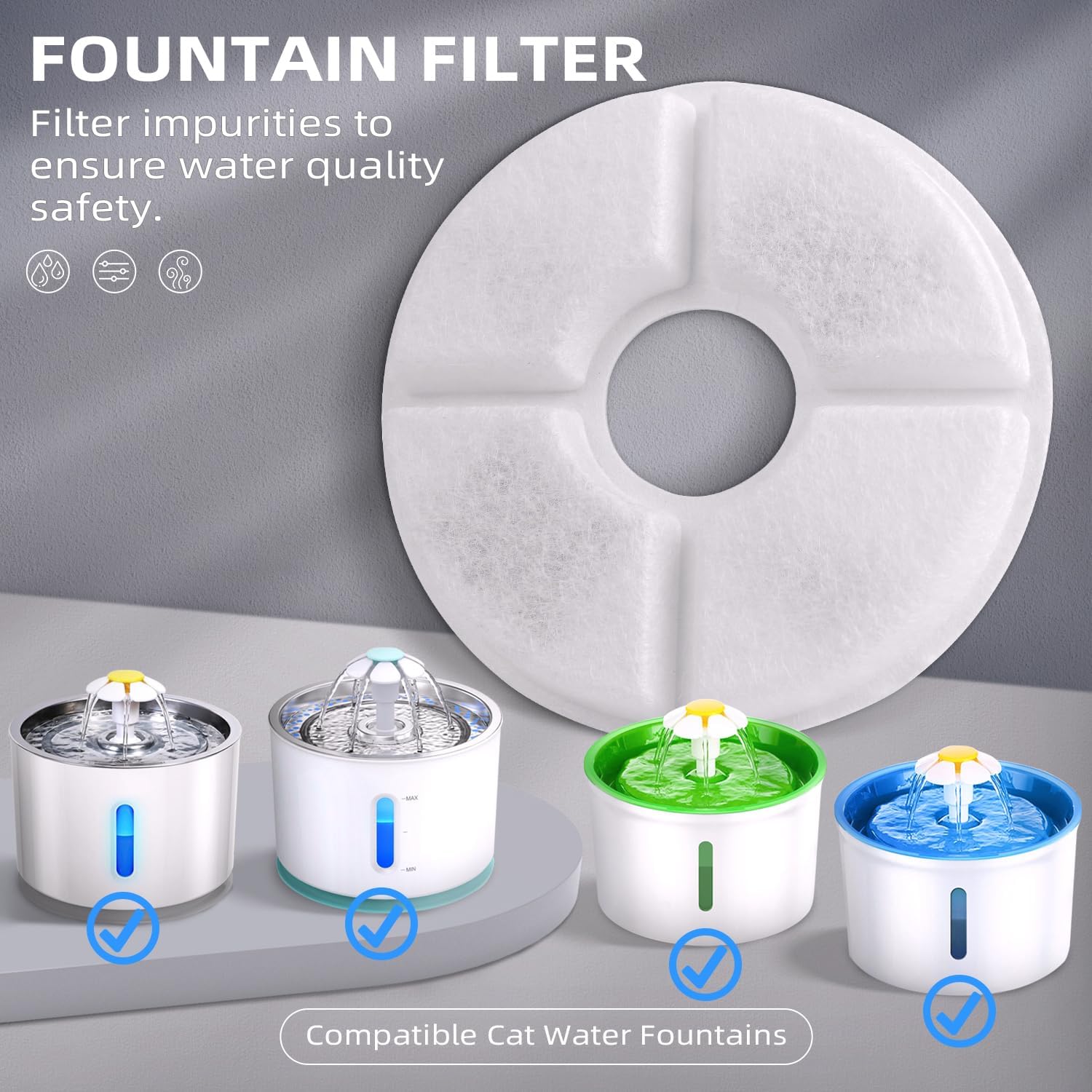 Filters Replacements for Flower Automatic Pet Fountains, Cat Water Fountain Replacement Parts and Dog Water Dispensers Filters for 81oz/2.4L Round Cat Water Fountains 4 Filters+2 Sponges
