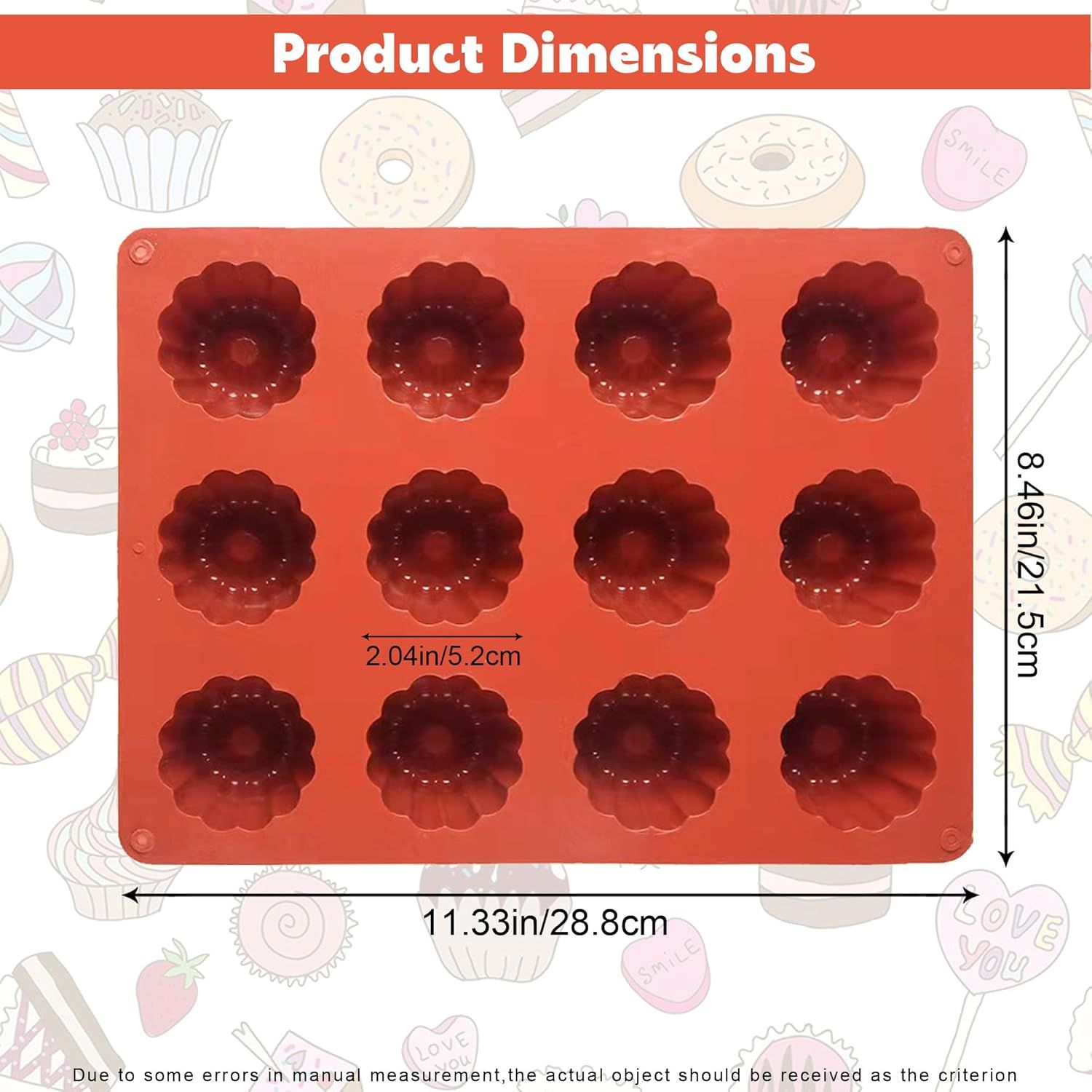 Canele Molds Canele Mold Silicone,12-Cavity Non-Stick Canele Mold Baking Cake Pan for Bread Muffin Candle Ice Cream Jelly Pudding Soap Making, Red