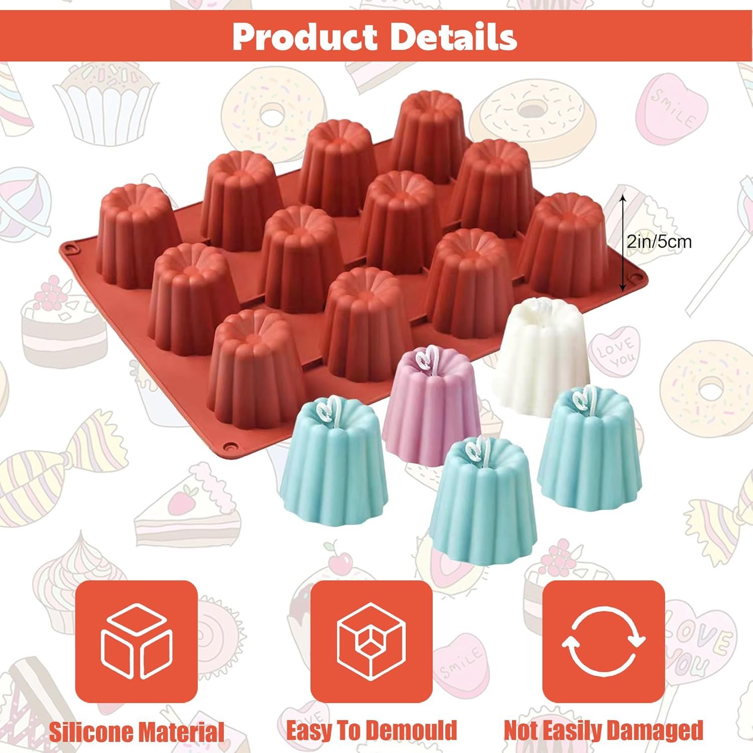 Canele Molds Canele Mold Silicone,12-Cavity Non-Stick Canele Mold Baking Cake Pan for Bread Muffin Candle Ice Cream Jelly Pudding Soap Making, Red