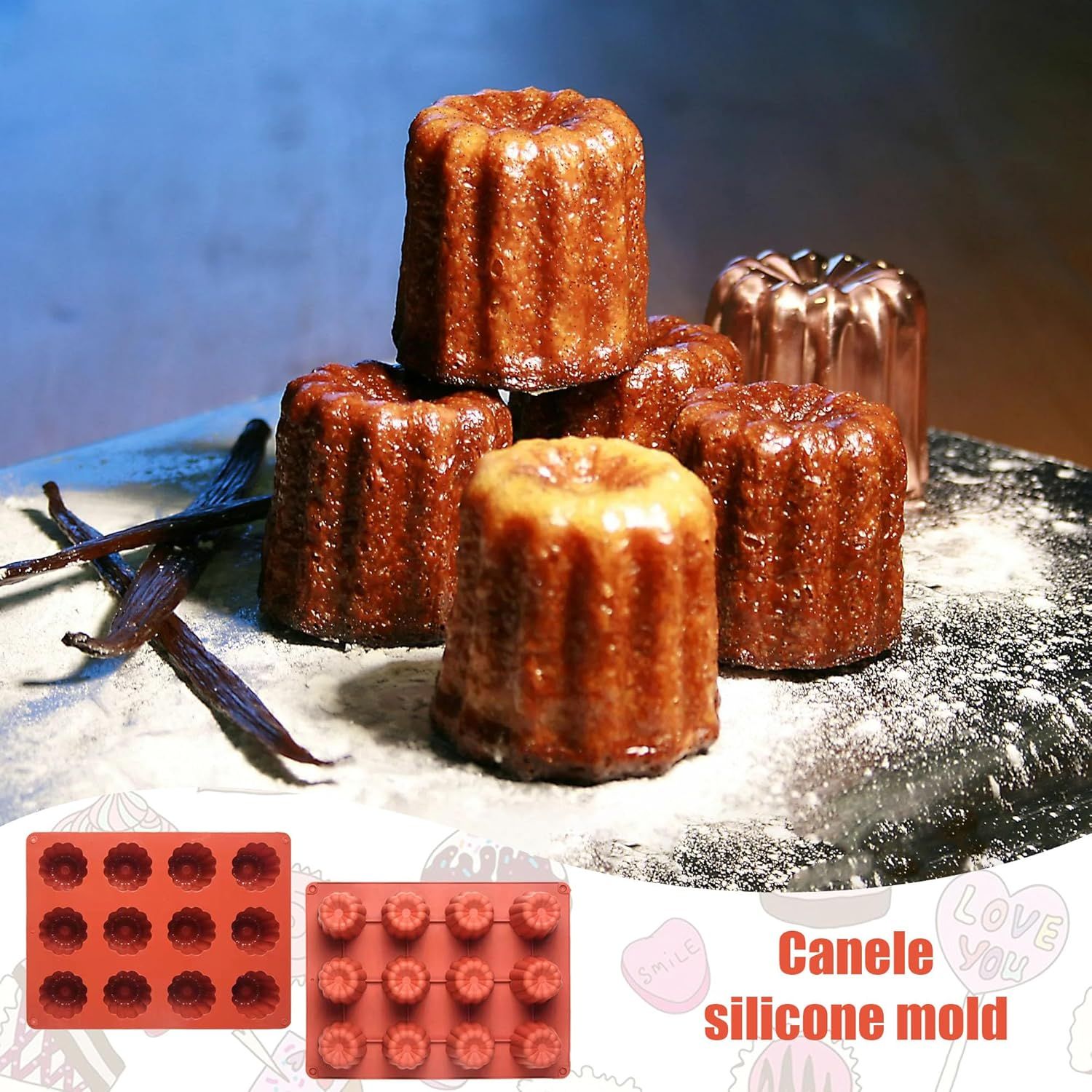 Canele Molds Canele Mold Silicone,12-Cavity Non-Stick Canele Mold Baking Cake Pan for Bread Muffin Candle Ice Cream Jelly Pudding Soap Making, Red