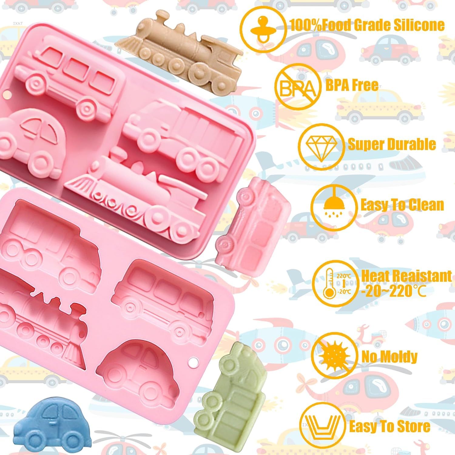 Car Silicone Soap Mold, Silicone Cake Mold, 3D Transportation Candy Mould Non-Stick Car Shape Baking Tool for Cake Cupcake Jelly Pudding Muffin Ice Cube Clay