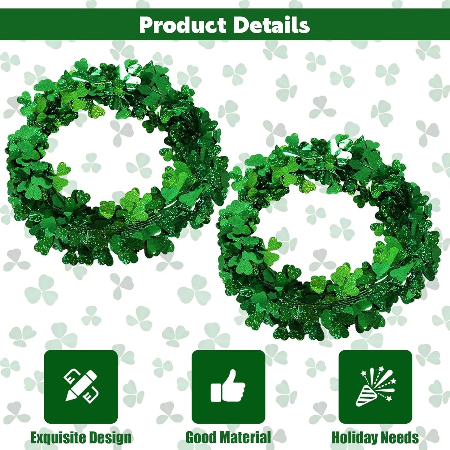 2Pcs St Patricks Day Tinsel Garland, 49.2 Ft Green Shamrock Garland Shiny Metallic Twist Garlands Hanging Glitter Clover Wreaths, St Patrick's Day Decorations for Wall Door Home Irish Party Supplies