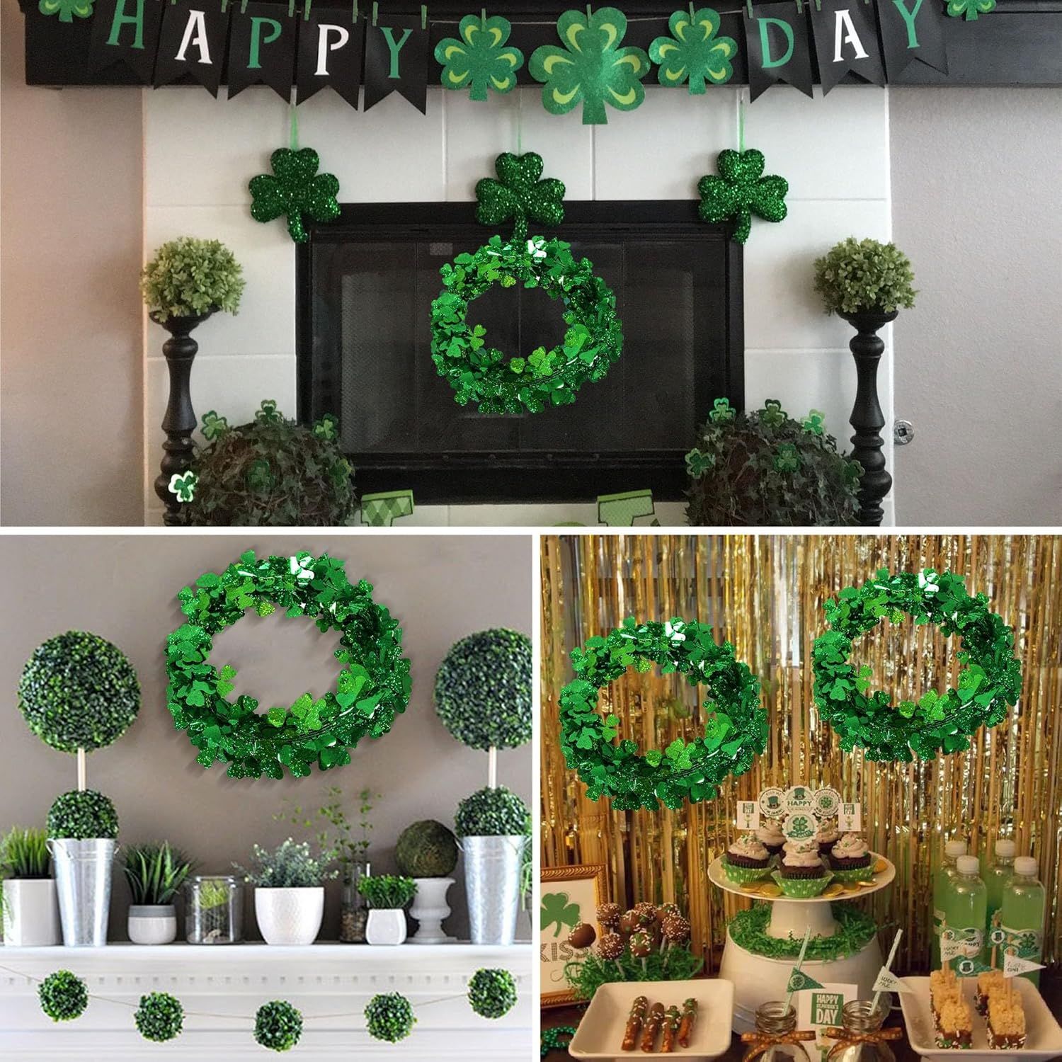 2Pcs St Patricks Day Tinsel Garland, 49.2 Ft Green Shamrock Garland Shiny Metallic Twist Garlands Hanging Glitter Clover Wreaths, St Patrick's Day Decorations for Wall Door Home Irish Party Supplies