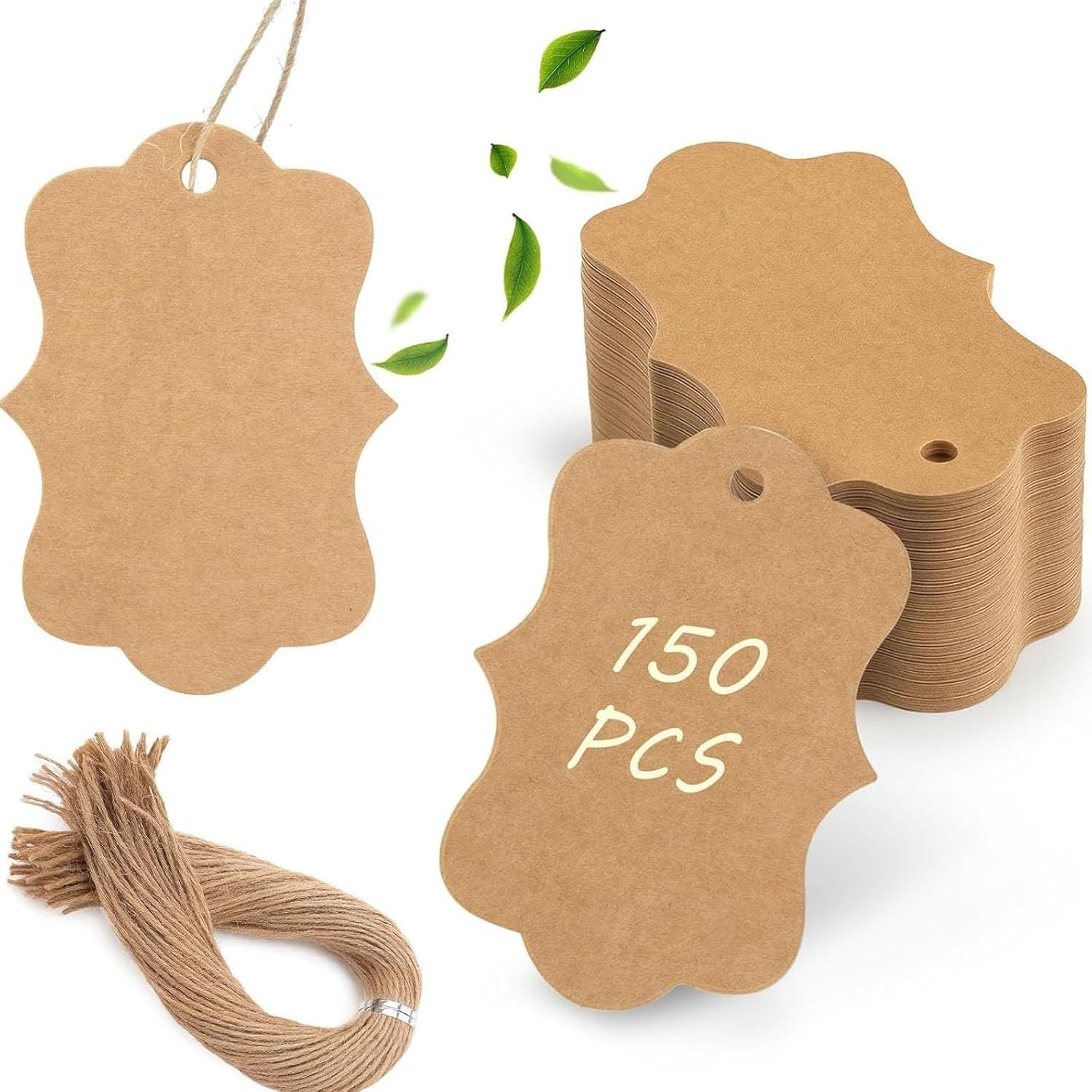 150PCS Brown Paper Kraft Tags,1.9x2.75 inch Scalloped Gift Tags with String for Clothes DIY Crafts Wedding Holiday Brown