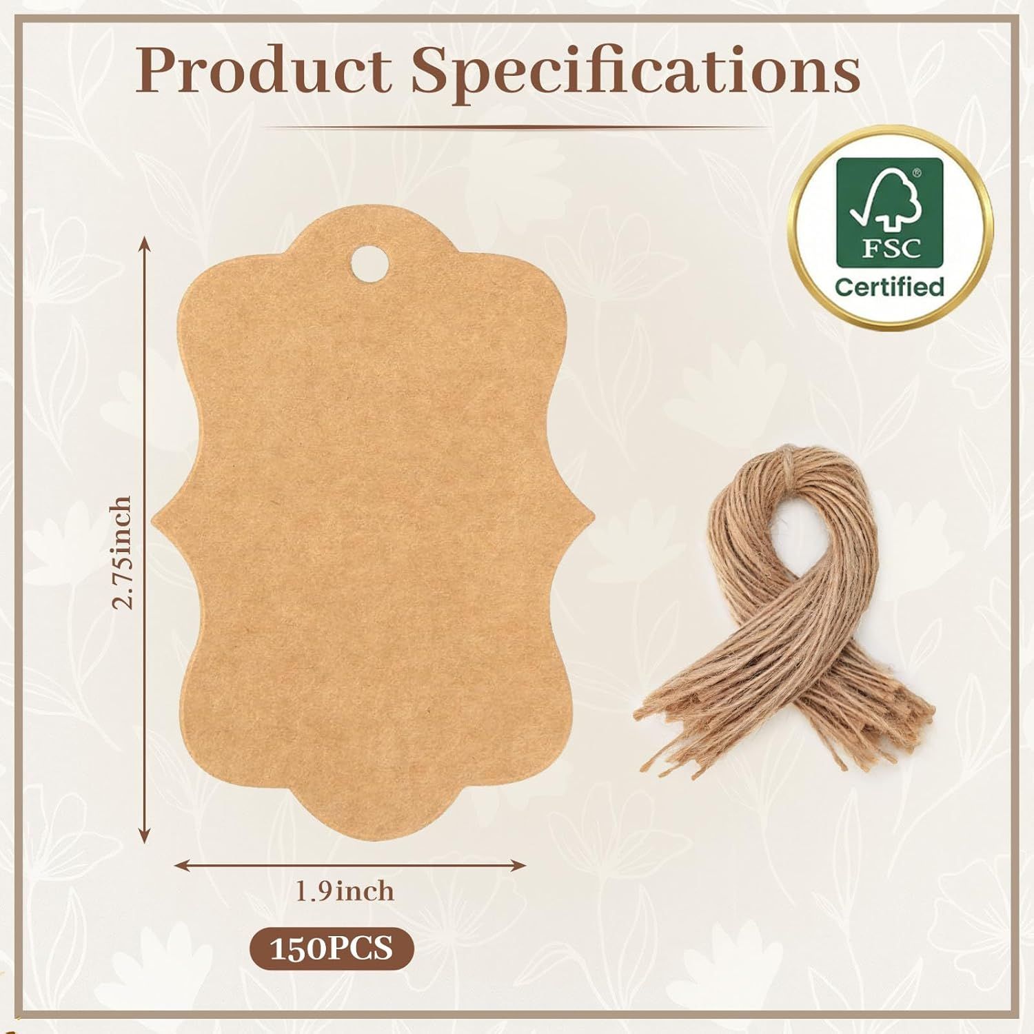 150PCS Brown Paper Kraft Tags,1.9x2.75 inch Scalloped Gift Tags with String for Clothes DIY Crafts Wedding Holiday Brown