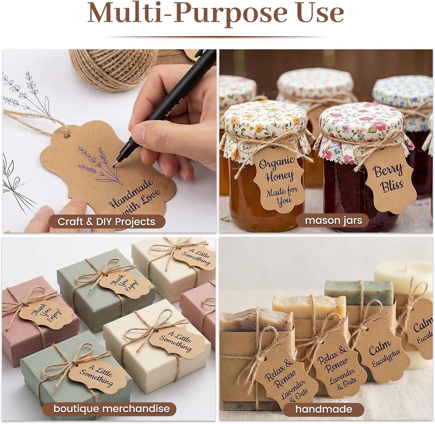 150PCS Brown Paper Kraft Tags,1.9x2.75 inch Scalloped Gift Tags with String for Clothes DIY Crafts Wedding Holiday Brown