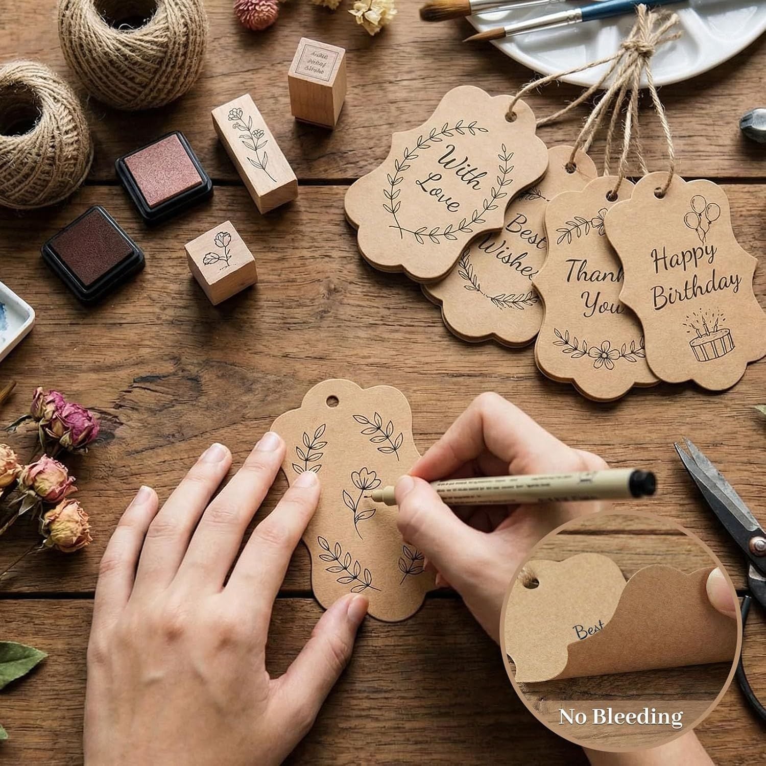 150PCS Brown Paper Kraft Tags,1.9x2.75 inch Scalloped Gift Tags with String for Clothes DIY Crafts Wedding Holiday Brown
