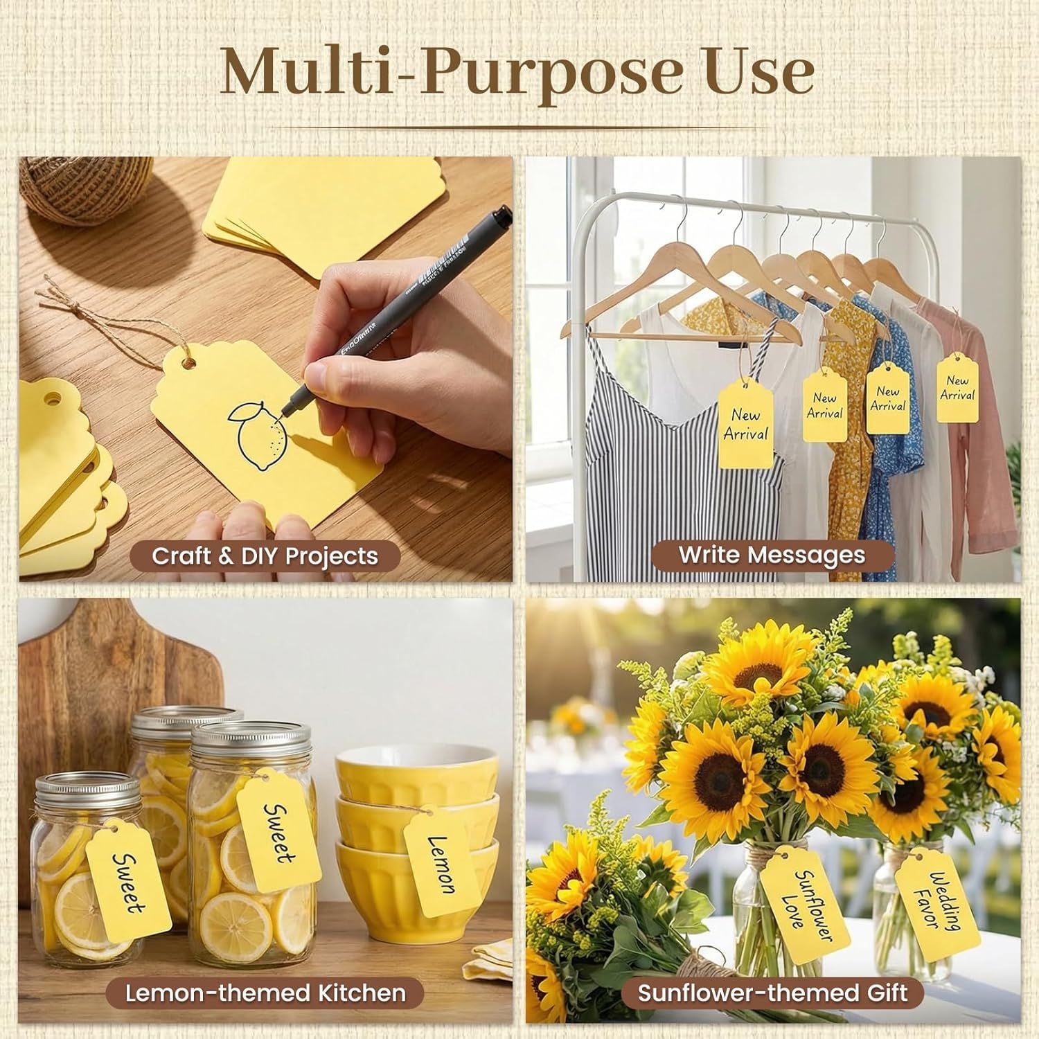 120pc Gift Tags with String - Blank Yellow Paper Hanging Tags for Wedding & Birthday Gifts DIY