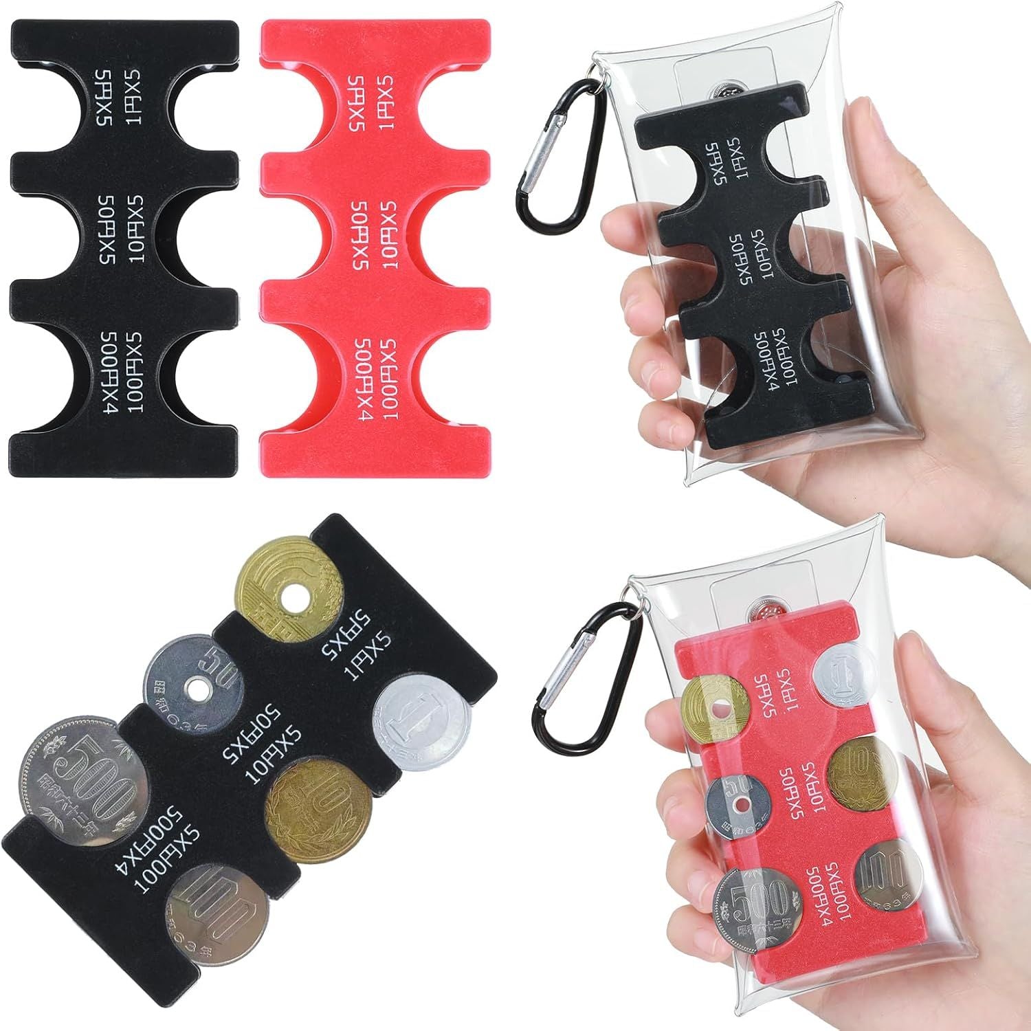 2 Pcs Yen Coin Organizer with PVC Pack, Japanese Coin Organizer, Portable Rectangle Coin Holder for Car, Plastic Coin Sorter Wallet with 6 Slots, Dispenser for Travel Black, Red