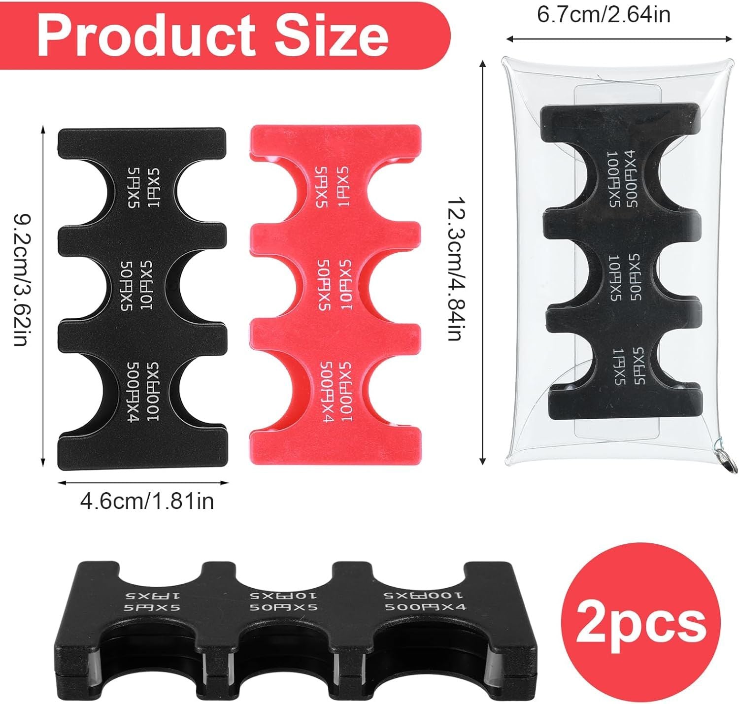 2 Pcs Yen Coin Organizer with PVC Pack, Japanese Coin Organizer, Portable Rectangle Coin Holder for Car, Plastic Coin Sorter Wallet with 6 Slots, Dispenser for Travel Black, Red